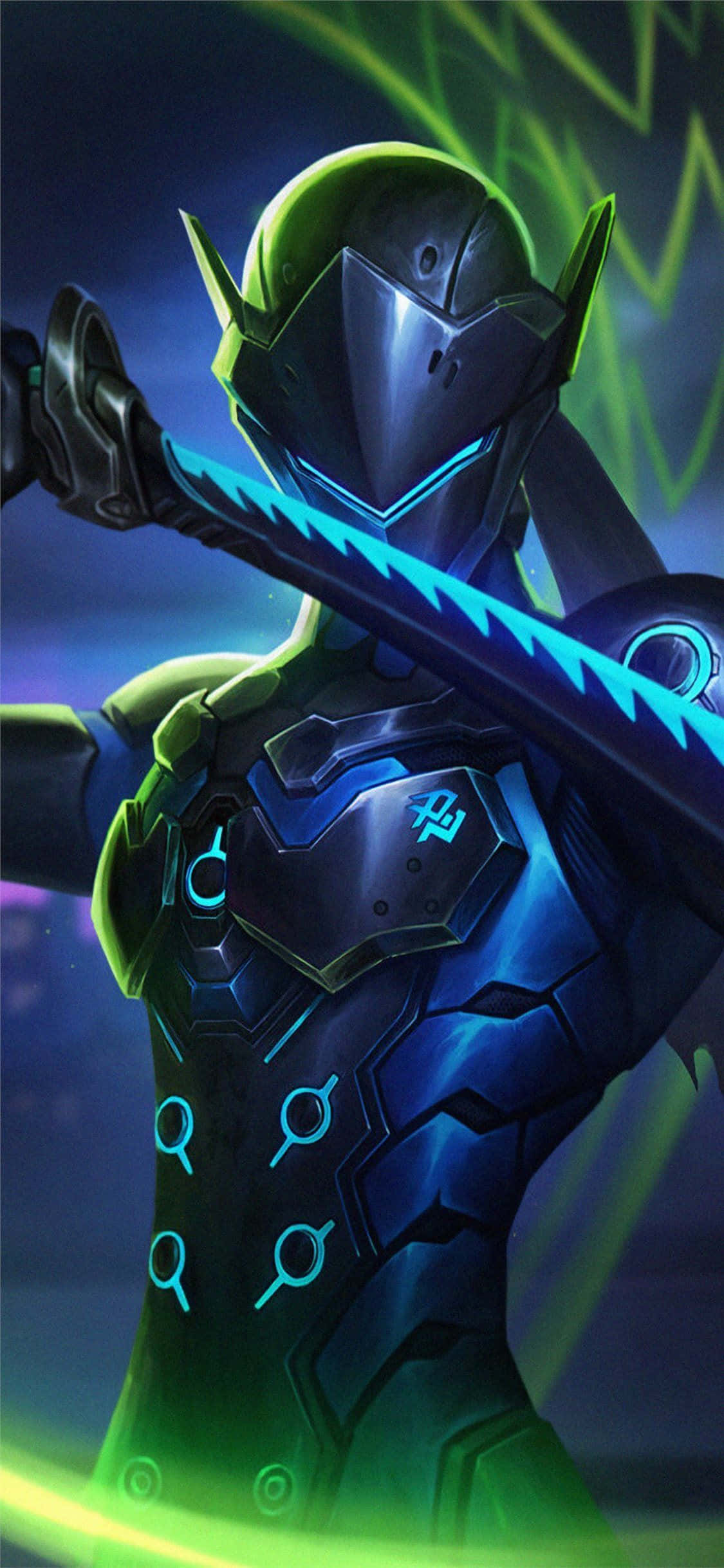 Overwatch Genji, glowing blue and green armor, neon sword, Full HD Phone Wallpaper