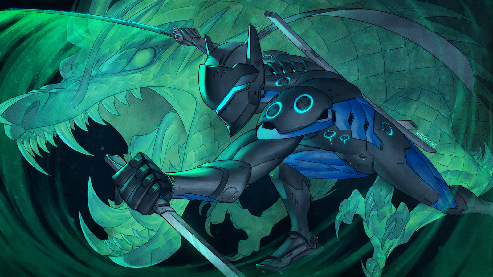 Overwatch Genji, black and blue armor, glowing sword, HD Desktop Wallpaper