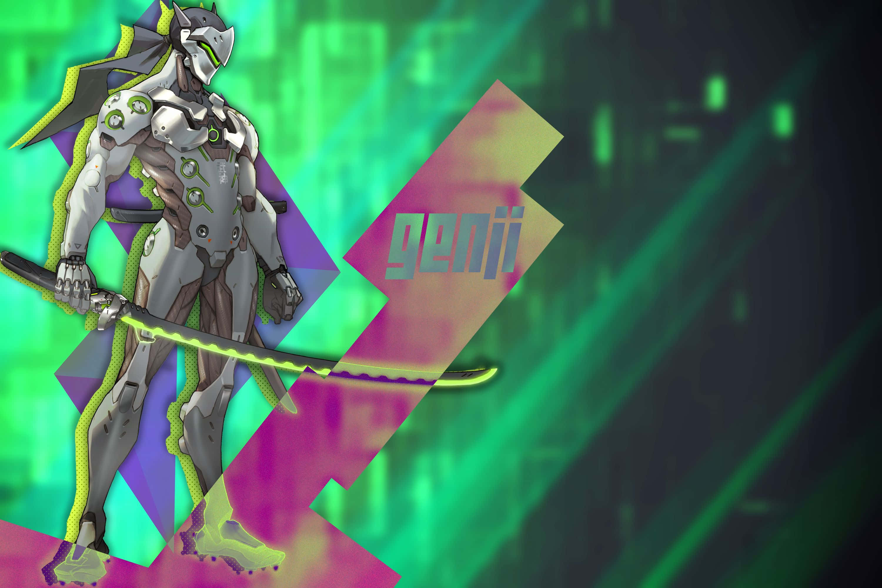 Overwatch Genji, white armor, glowing katana, 2K Desktop Wallpaper