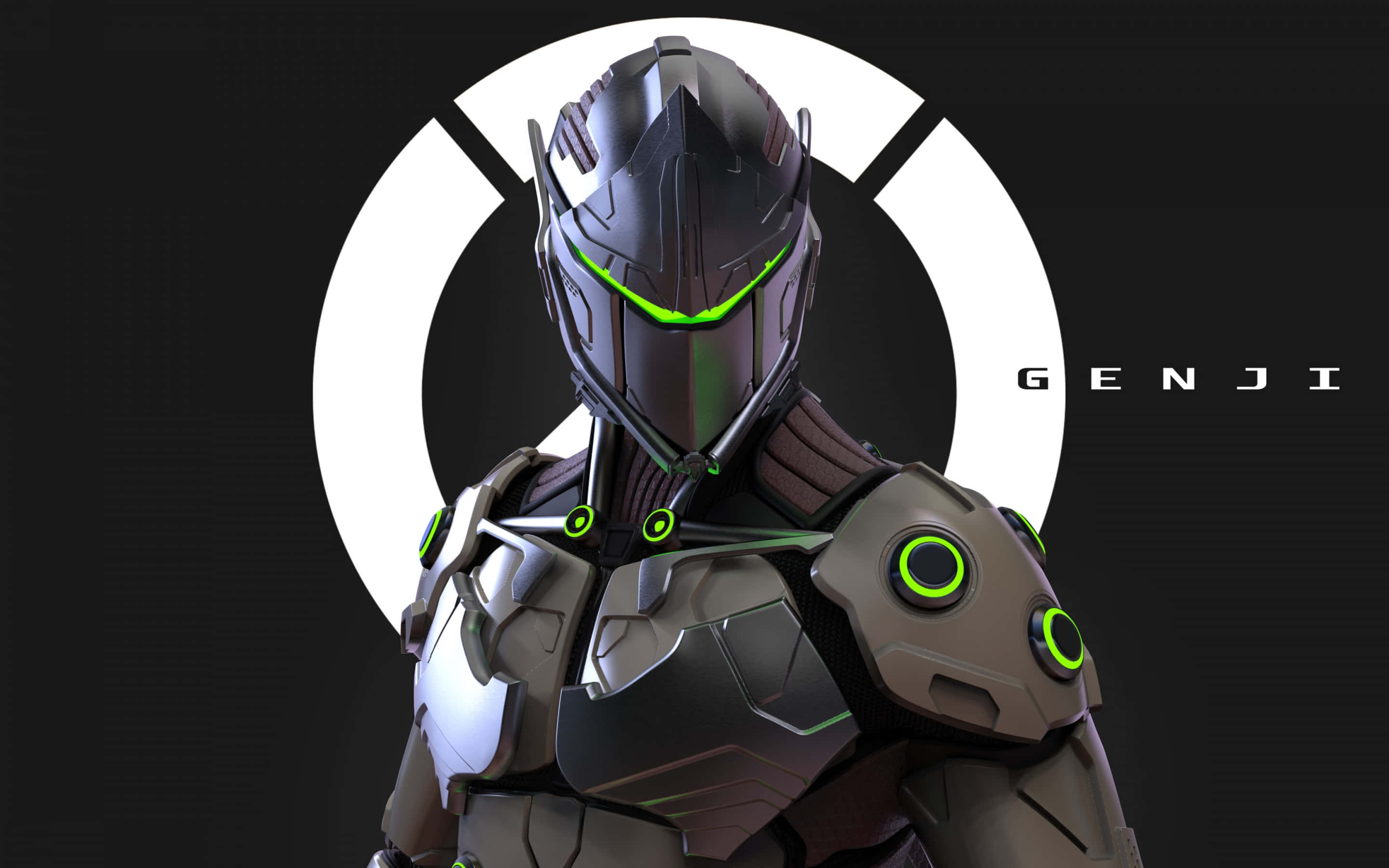 Overwatch Genji, glowing green accents, white circular emblem, 2K Desktop Wallpaper