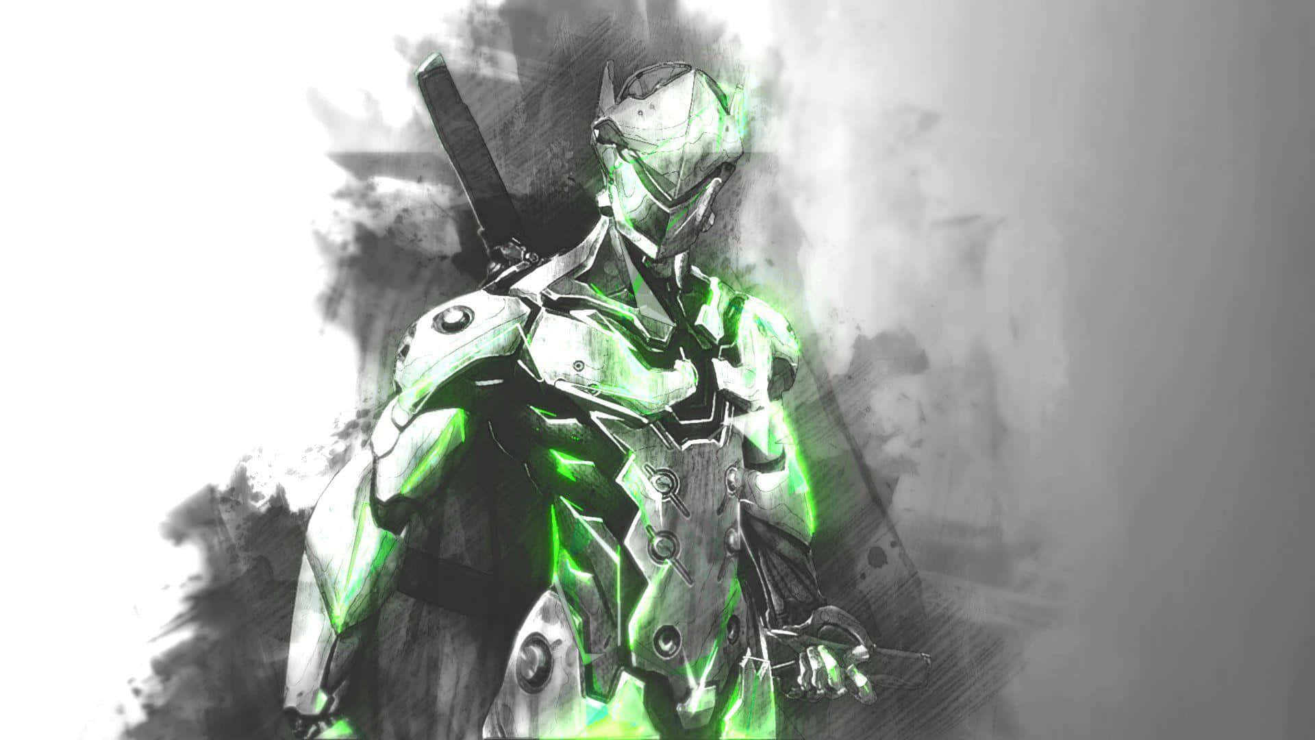 Overwatch Genji, glowing green armor, sword on back, Full HD Desktop Wallpaper