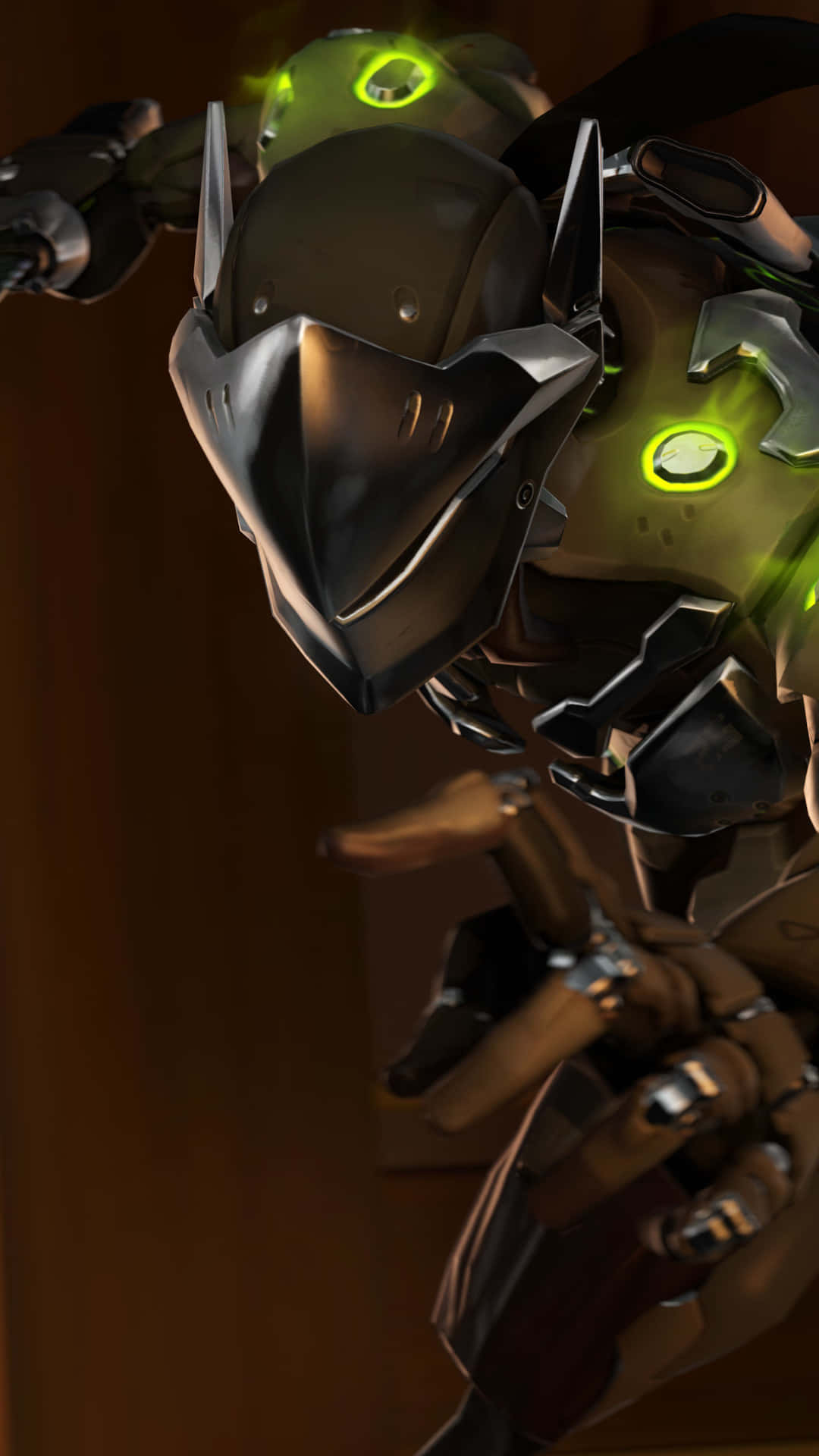Overwatch Genji, futuristic armored robot, glowing green circular lights, Full HD Phone Wallpaper