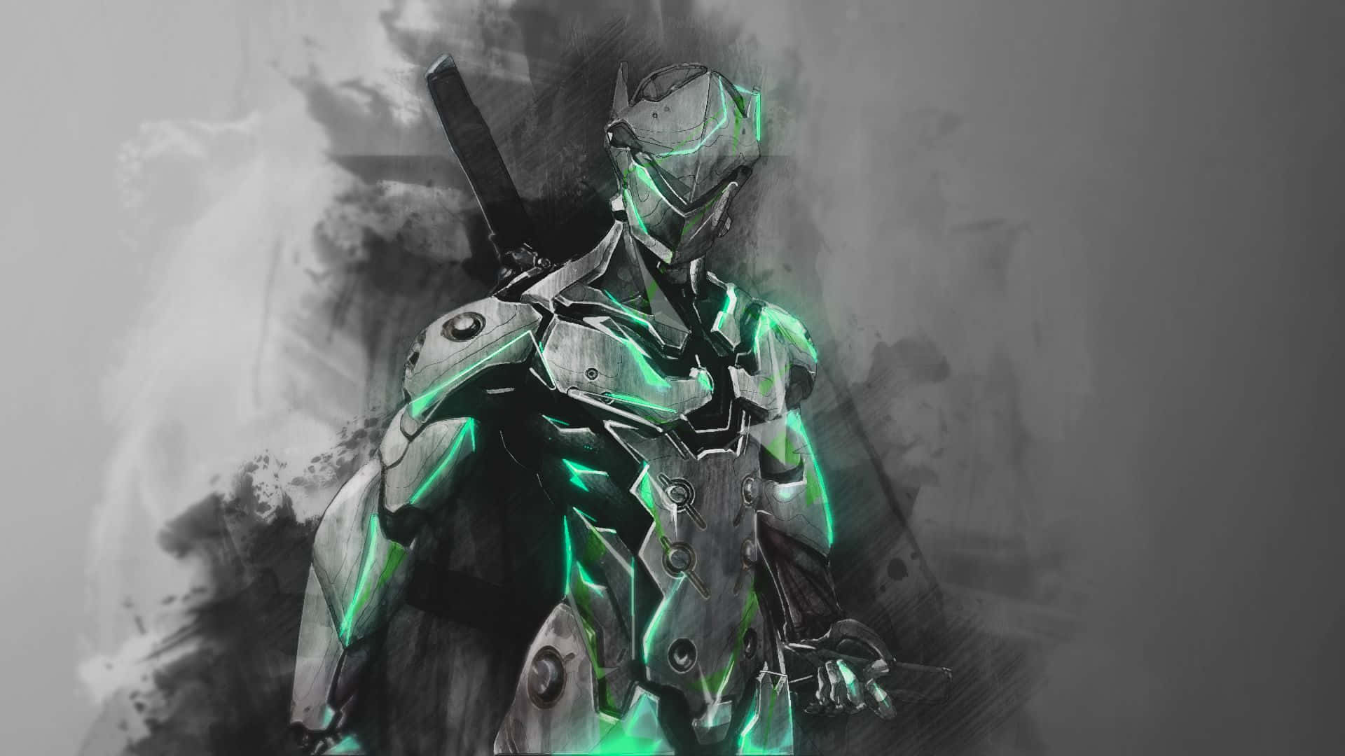 Overwatch Genji, metallic armor, glowing green accents, Full HD Desktop Wallpaper