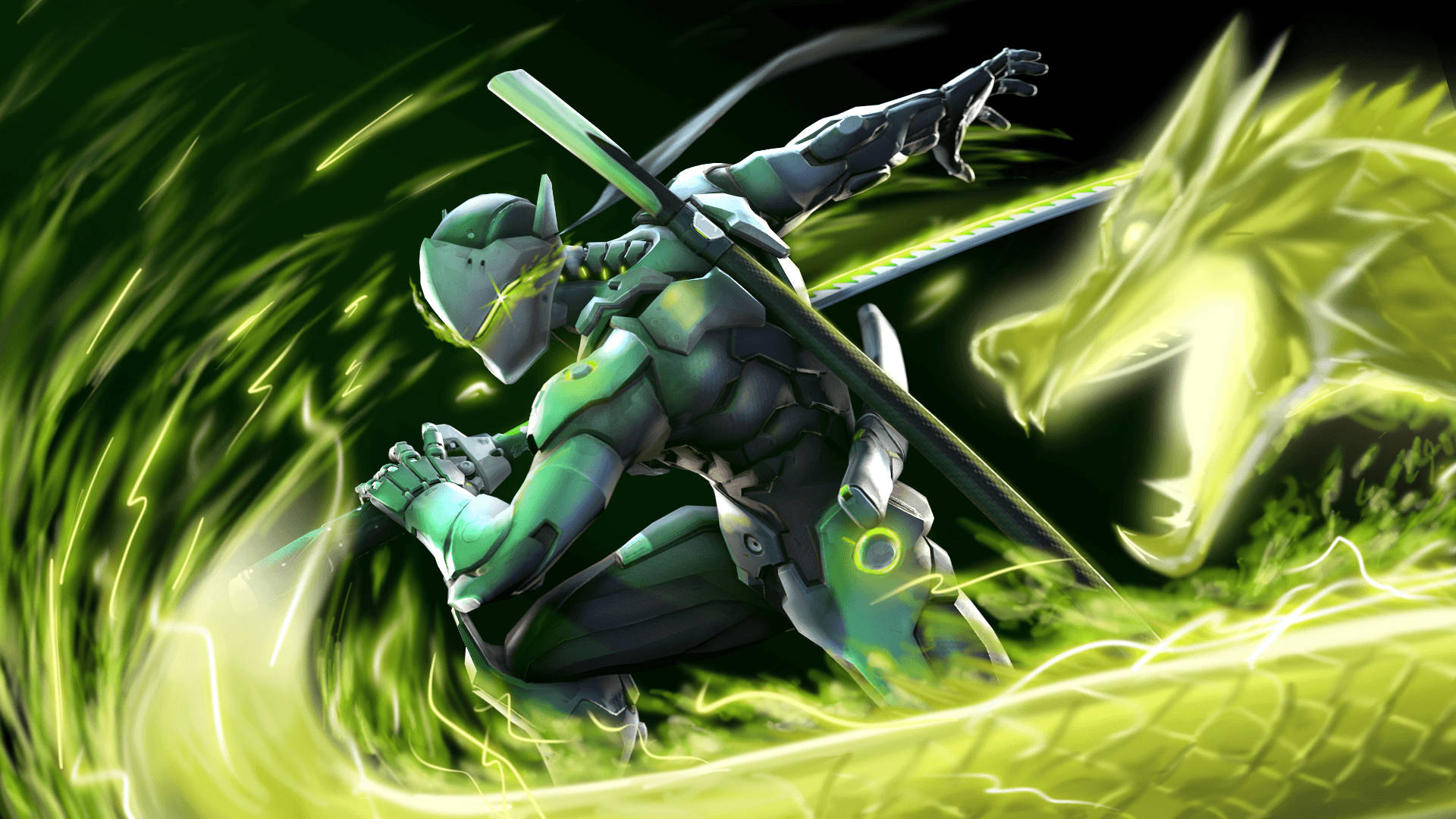 Genji, Overwatch, green-armored warrior, Full HD Desktop Wallpaper