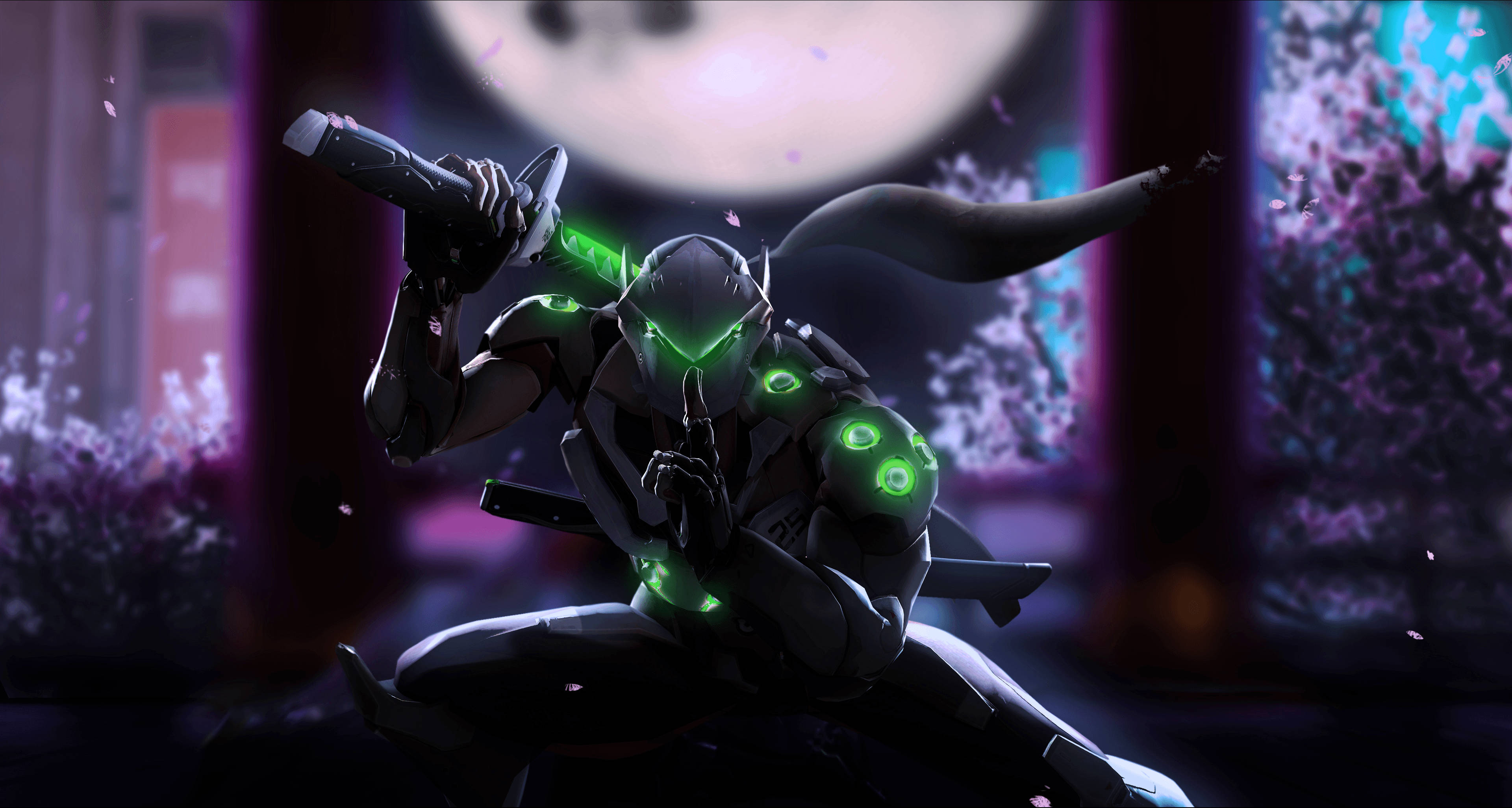 Genji, Overwatch, cyberpunk alley, 4K Desktop Wallpaper