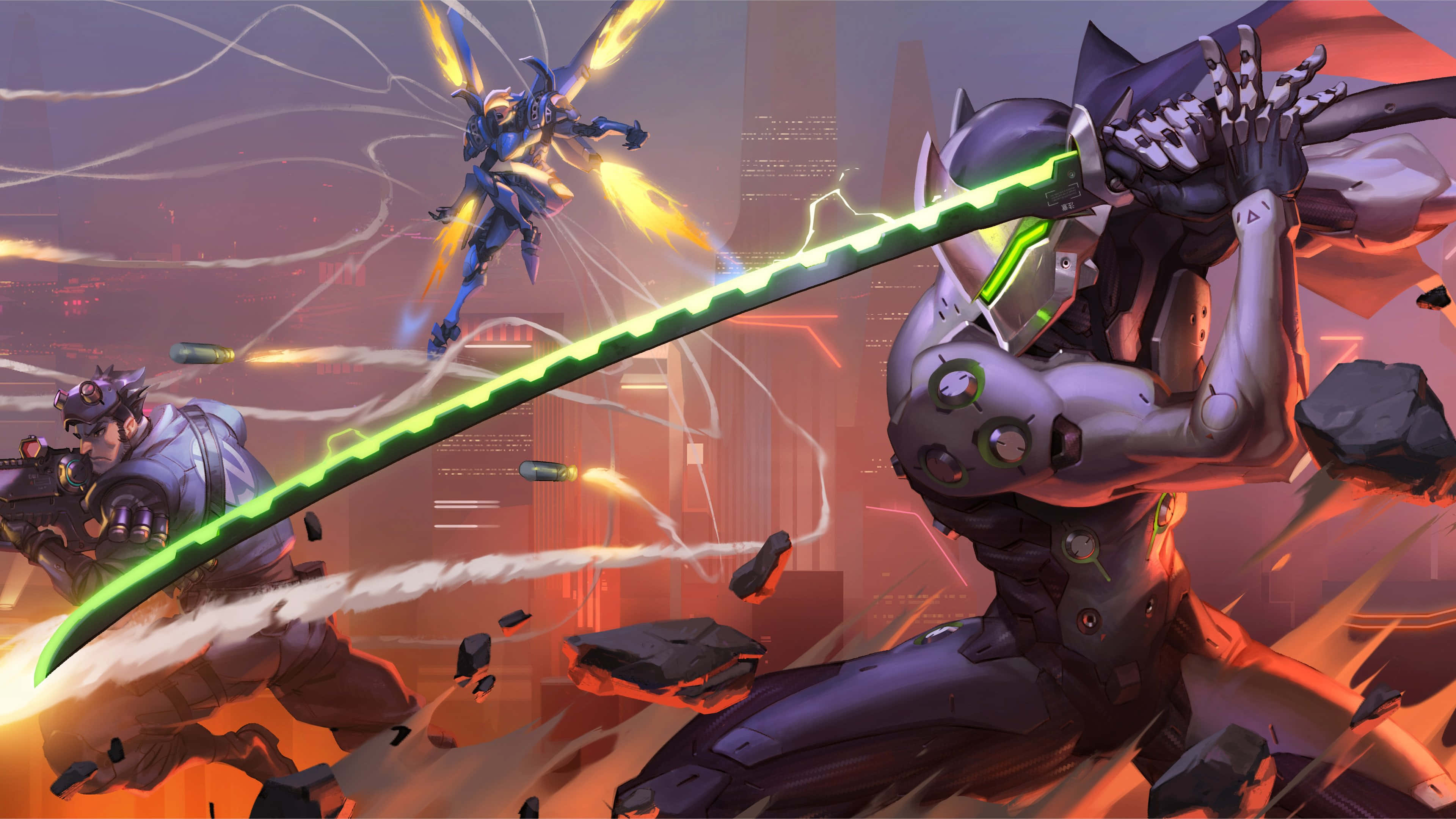 Overwatch Genji, glowing green sword, neon-lit cityscape, 4K Desktop Wallpaper