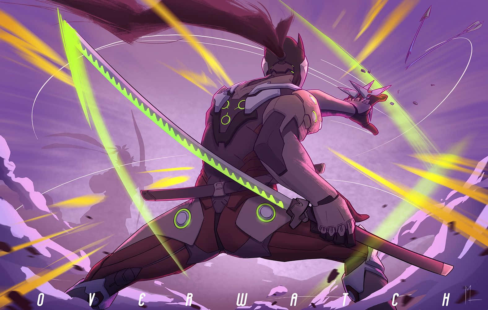 Overwatch Genji, glowing green sword, purple sky, HD Desktop Wallpaper