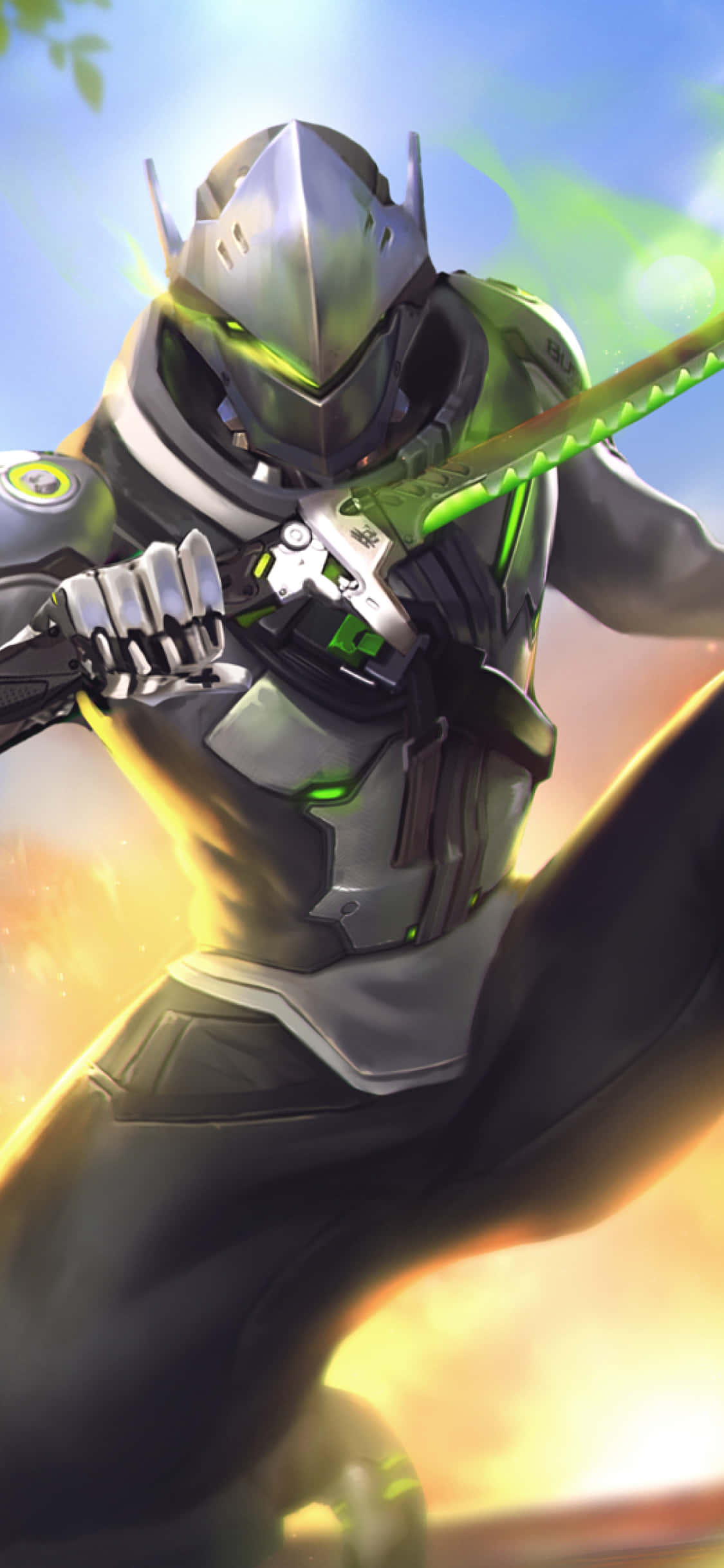 Overwatch Genji, glowing green sword, fiery sunset, Full HD Phone Wallpaper