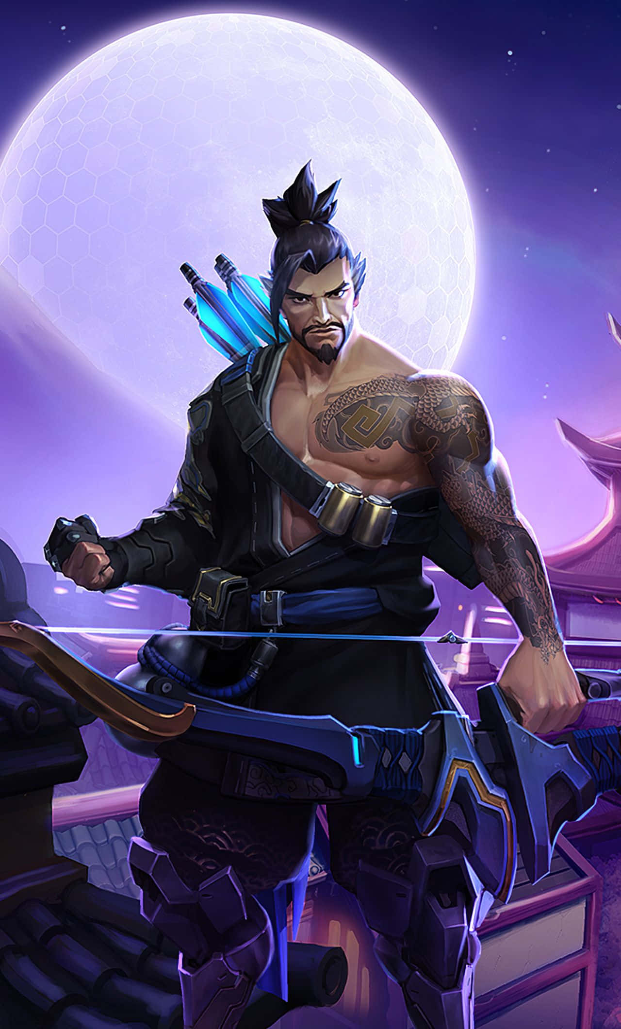Overwatch Hanzo, futuristic bow, blue arrows, Full HD Phone Wallpaper