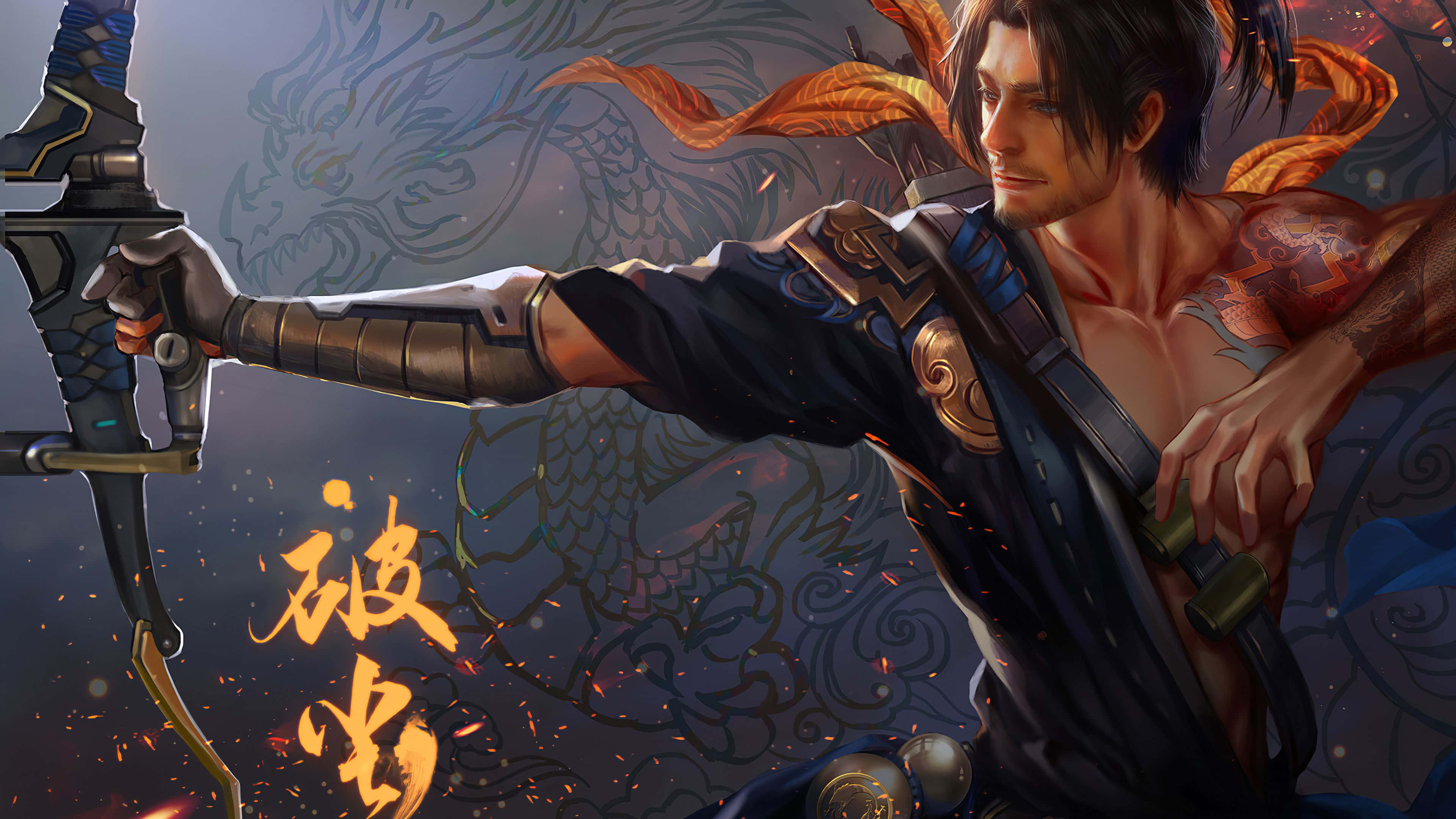 Overwatch Hanzo, glowing sword, dragon-themed backdrop, 4K Desktop Wallpaper