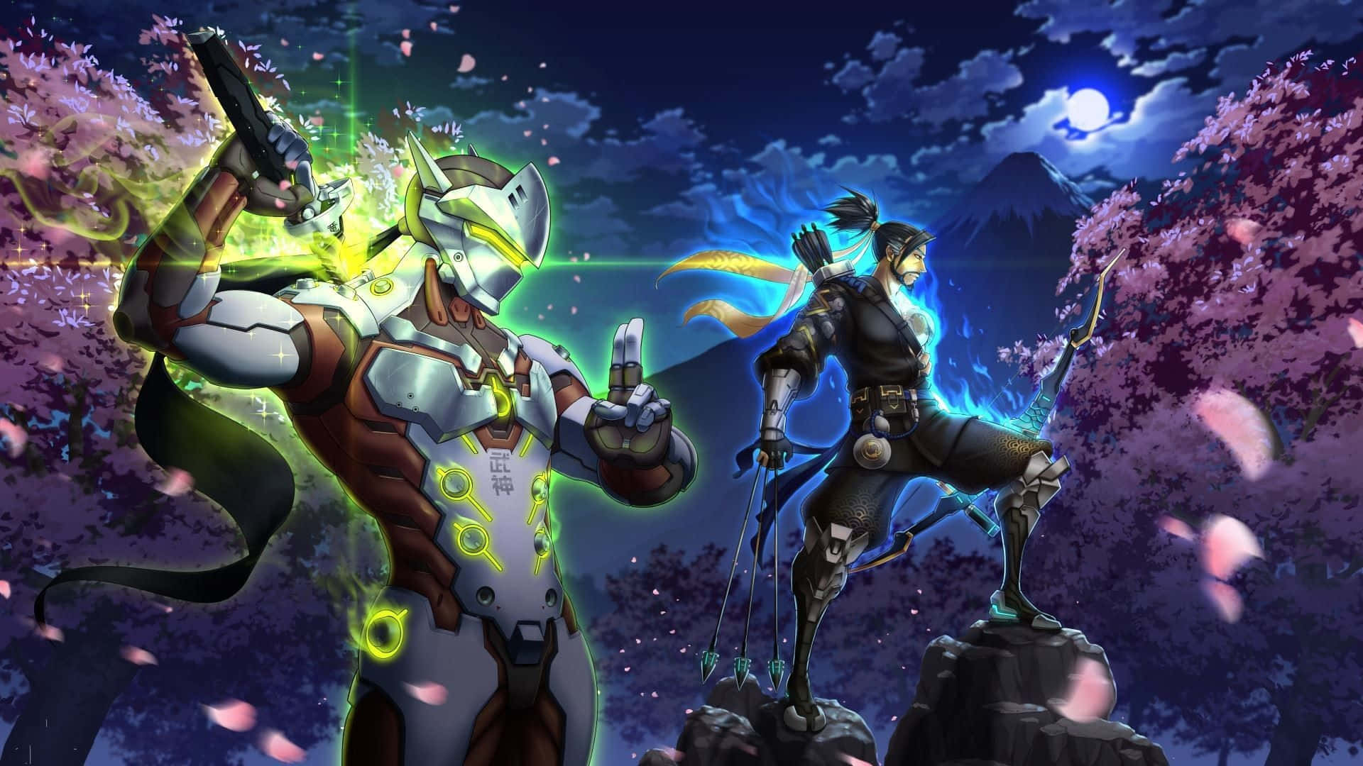 Overwatch Hanzo, anime warriors, moonlit sky, Full HD Desktop Wallpaper