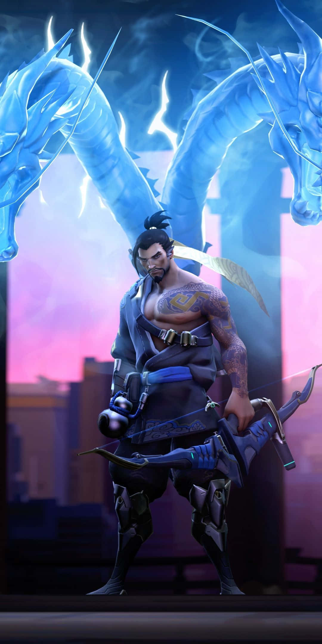 Overwatch Hanzo, bow, glowing blue dragons, Full HD Phone Wallpaper