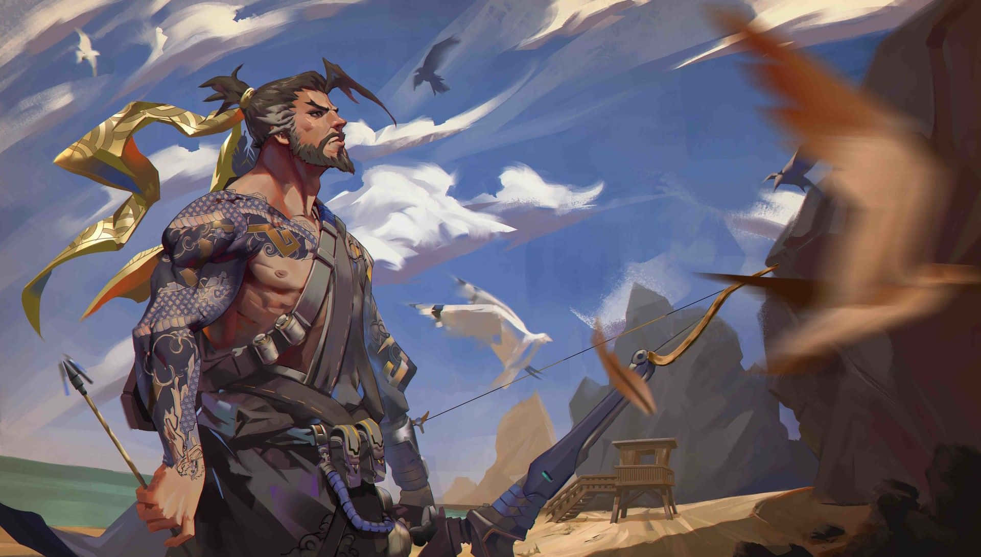 Overwatch, Hanzo, battle stance, Full HD Desktop Wallpaper