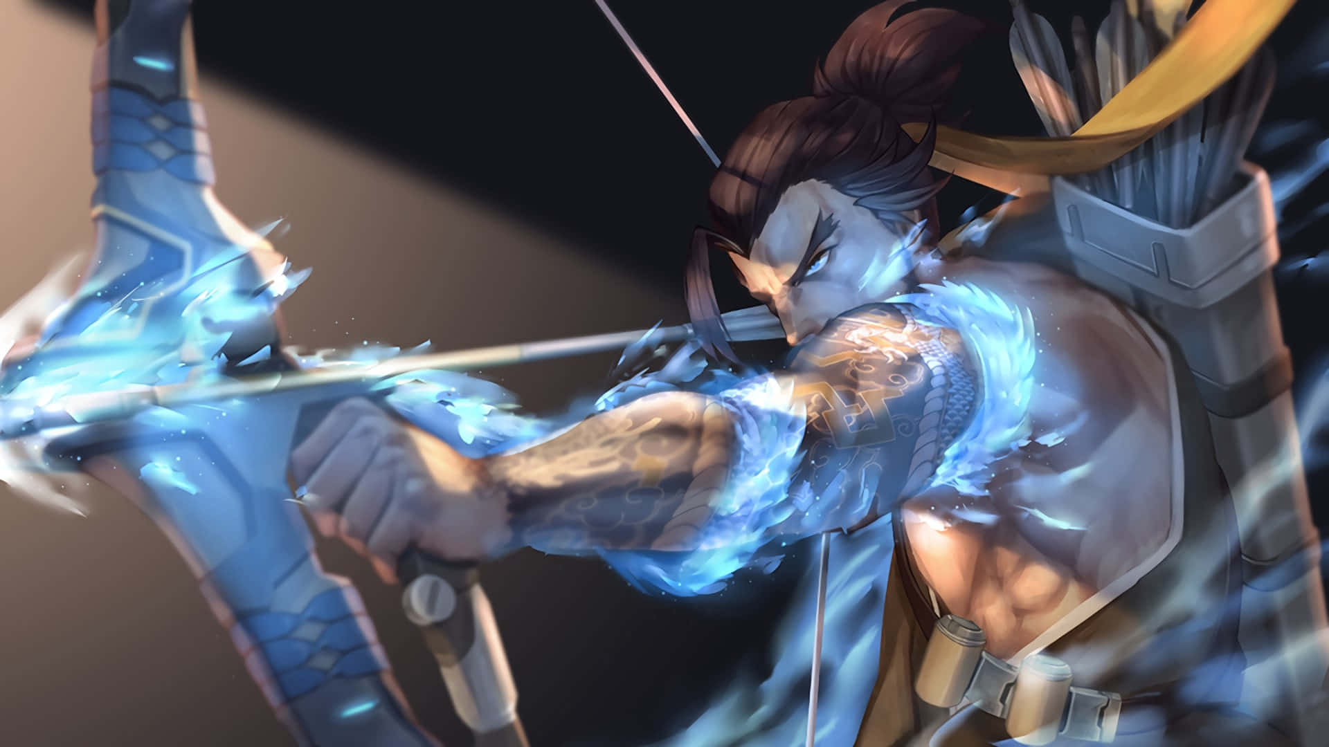 Overwatch Hanzo, glowing blue bow, dark backdrop, Full HD Desktop Wallpaper
