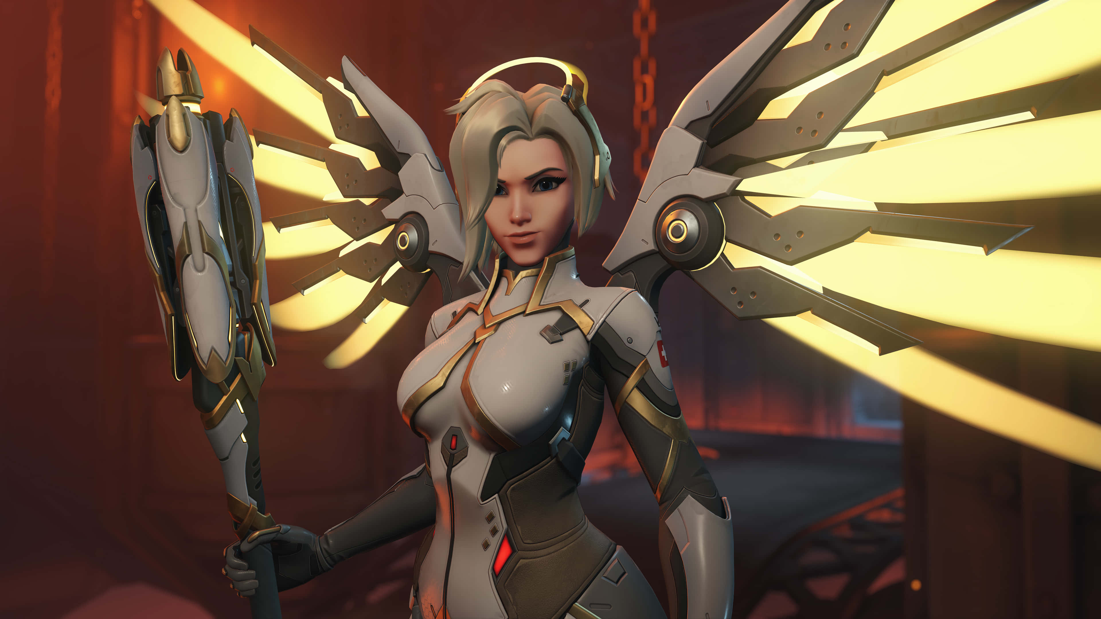 Overwatch Heroes, mechanical wings, glowing golden accents, 4K Desktop Wallpaper