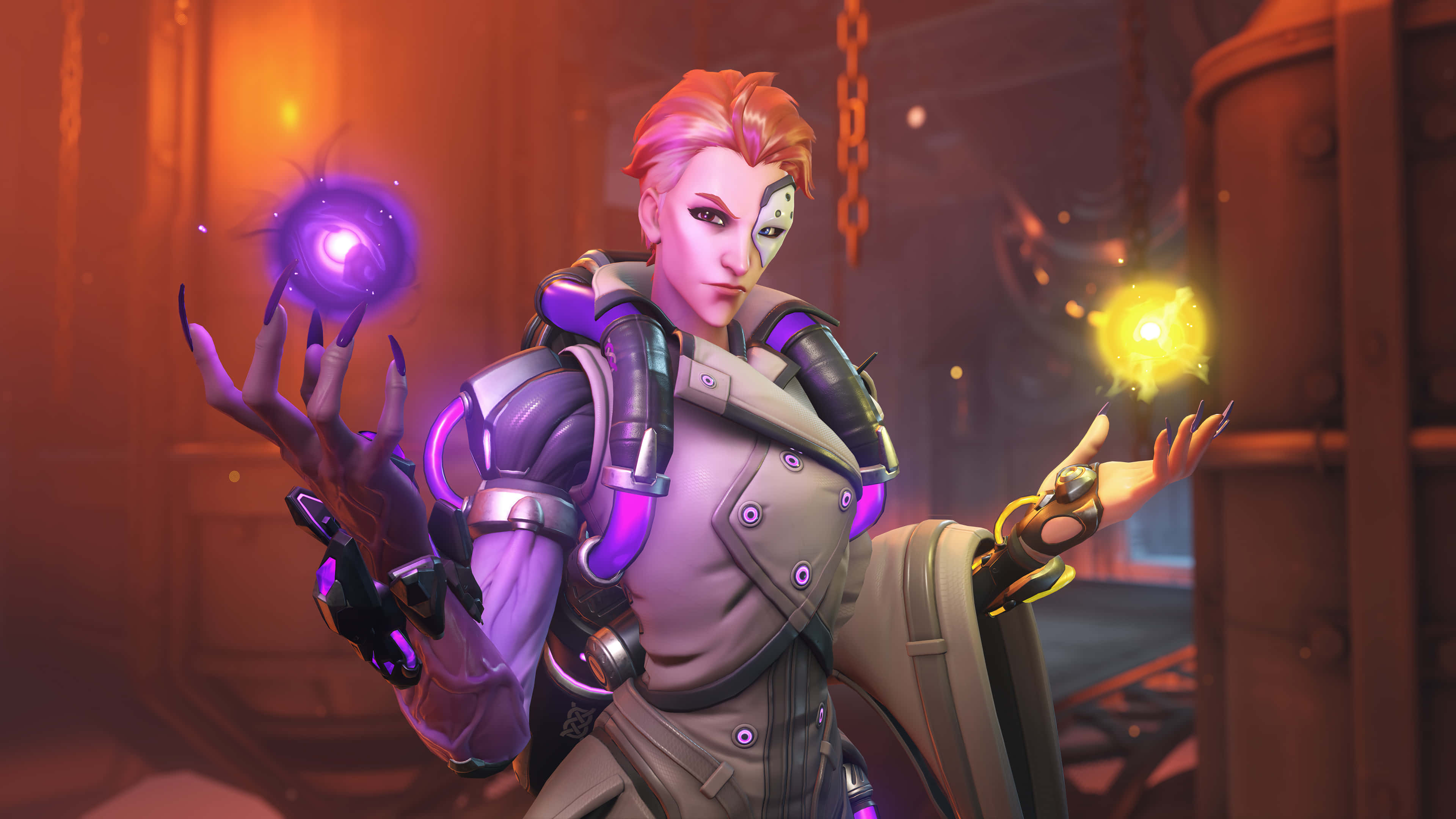 Overwatch Heroes, cyberpunk character, glowing purple and yellow orbs, 4K Desktop Wallpaper