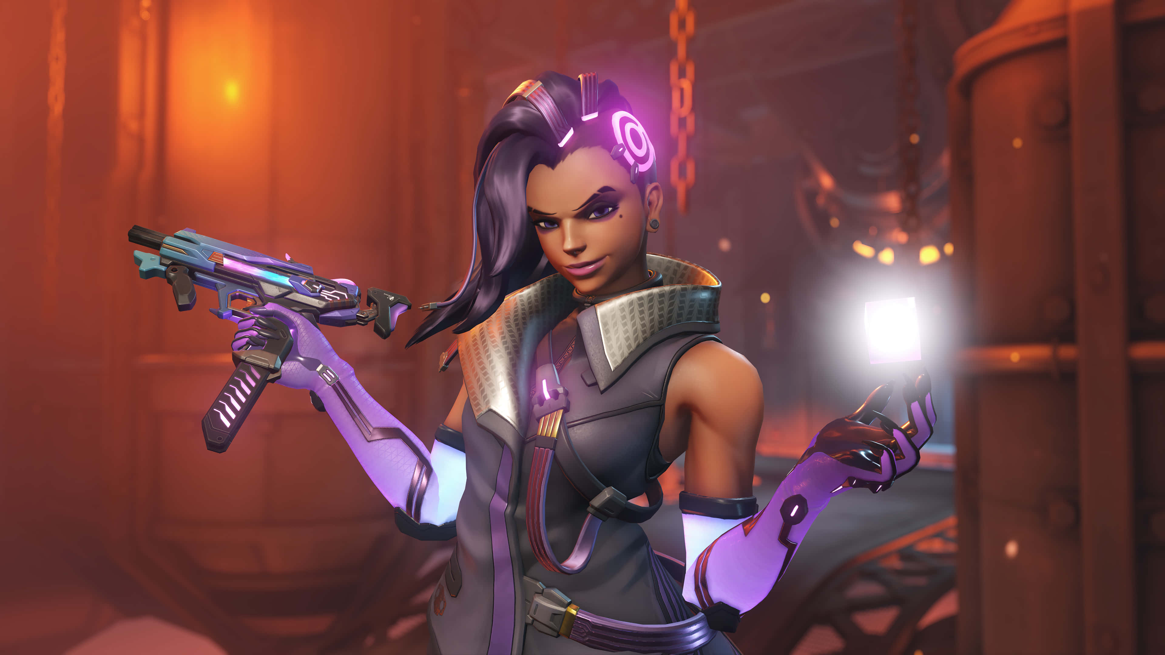 Overwatch Heroes, cyberpunk female agent, purple hair, 4K Desktop Wallpaper