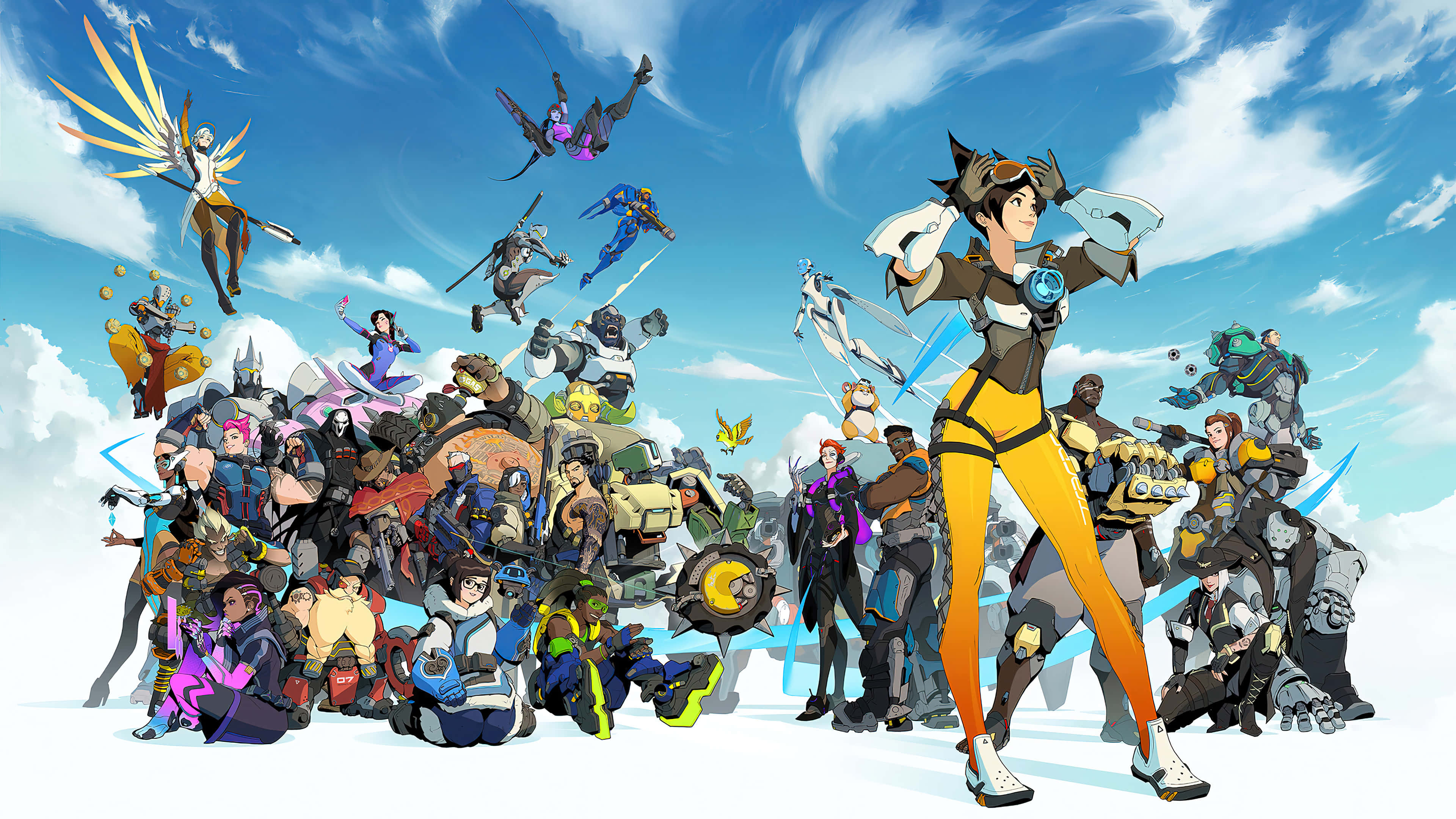 Overwatch Heroes, bright blue sky, fluffy clouds, 4K Desktop Wallpaper