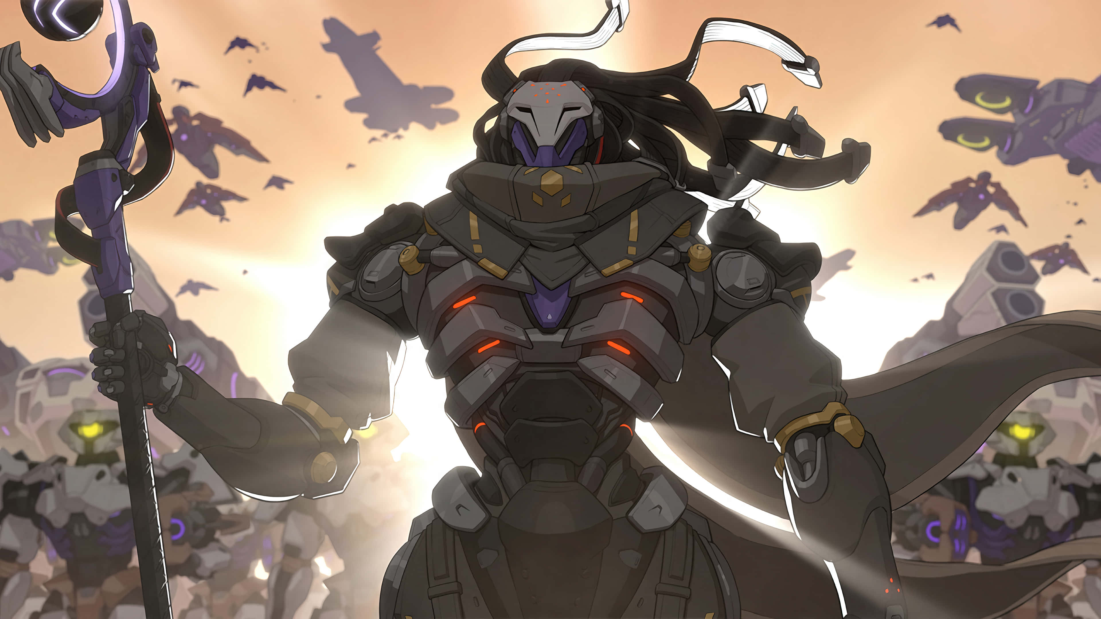 Overwatch Heroes, glowing red accents, flowing dark hair, 4K Desktop Wallpaper