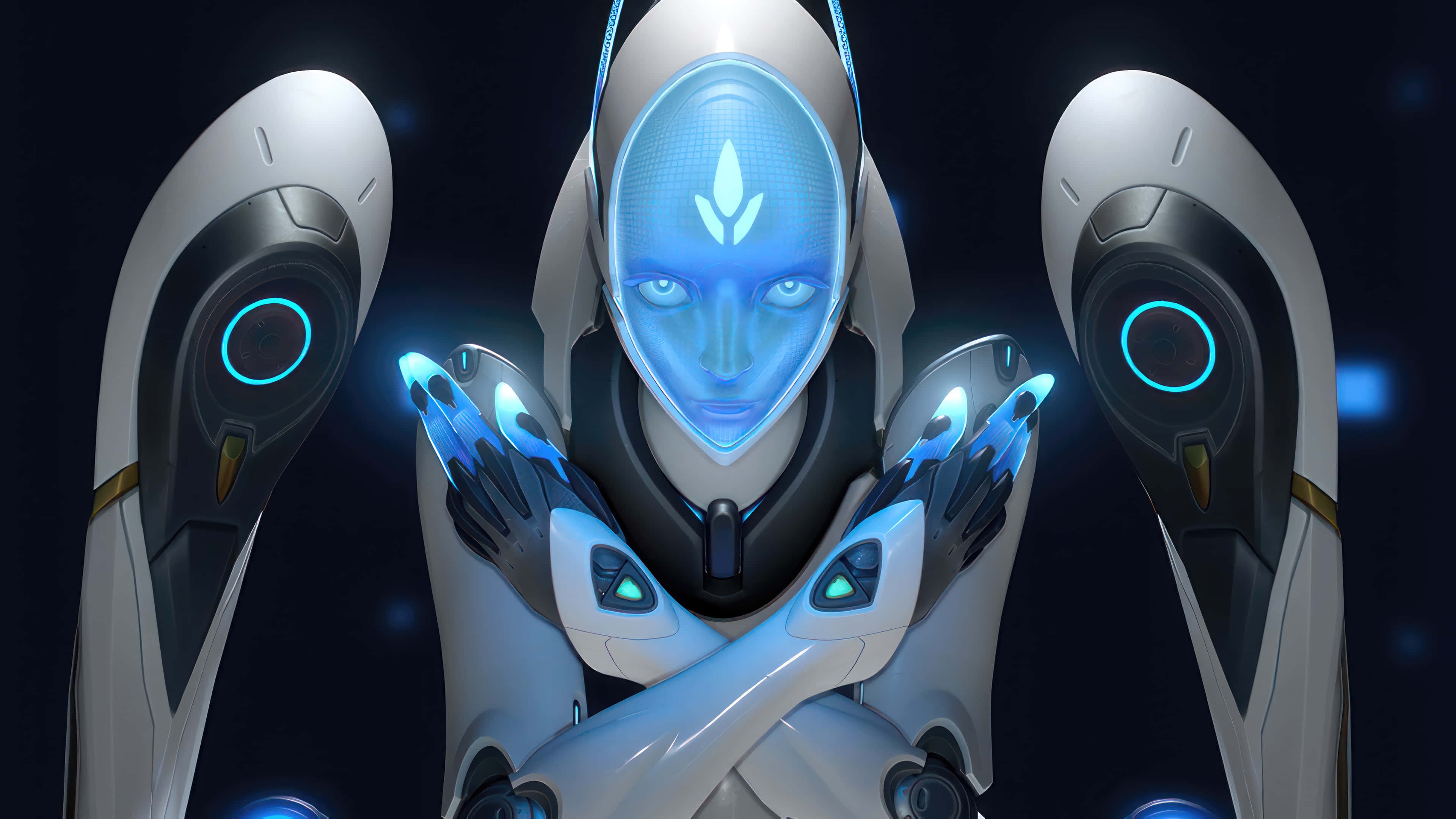 Overwatch Heroes, futuristic humanoid robot, glowing blue eyes, 4K Desktop Wallpaper