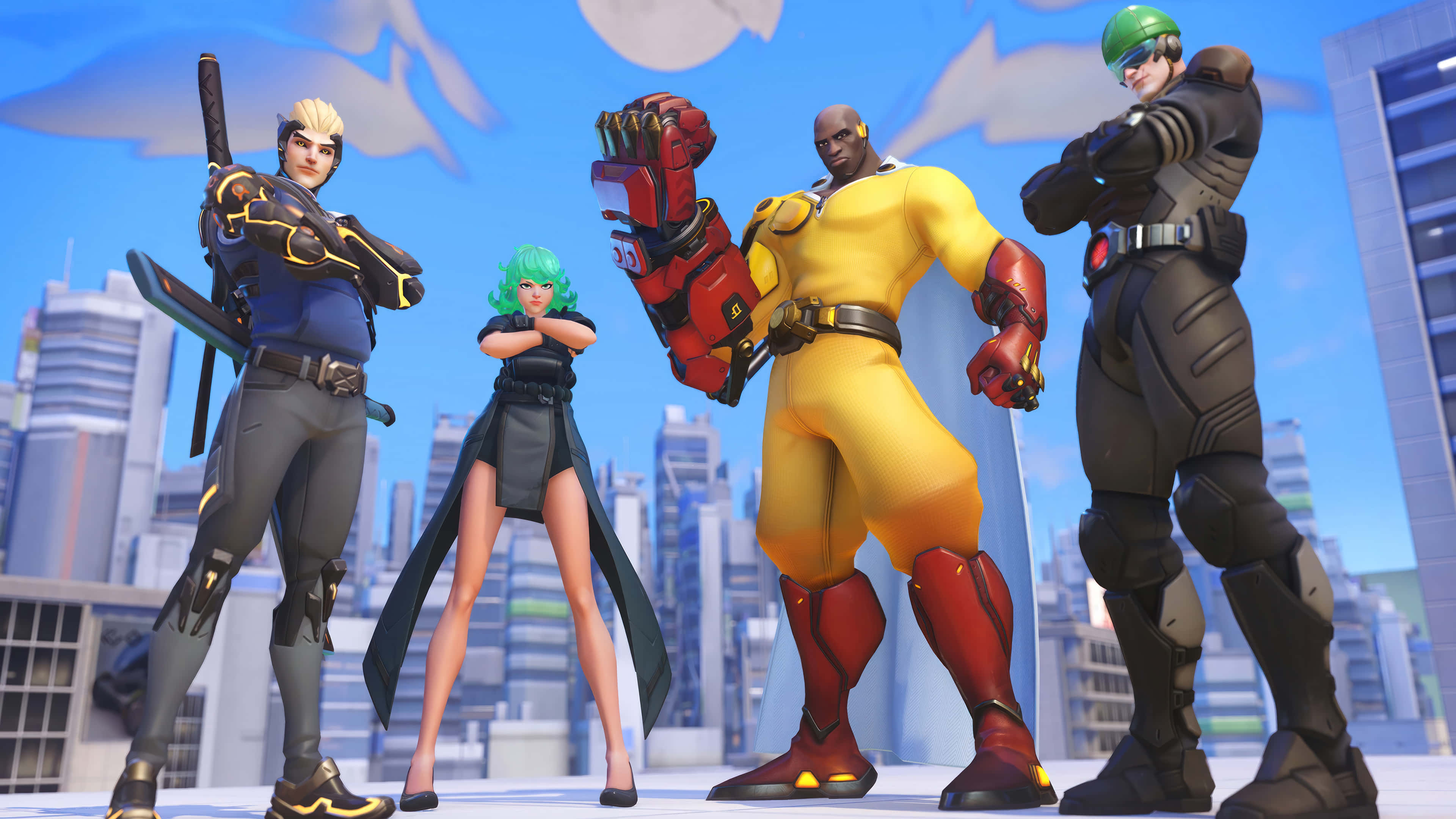 Overwatch Heroes, futuristic city skyline, rooftop, 4K Desktop Wallpaper