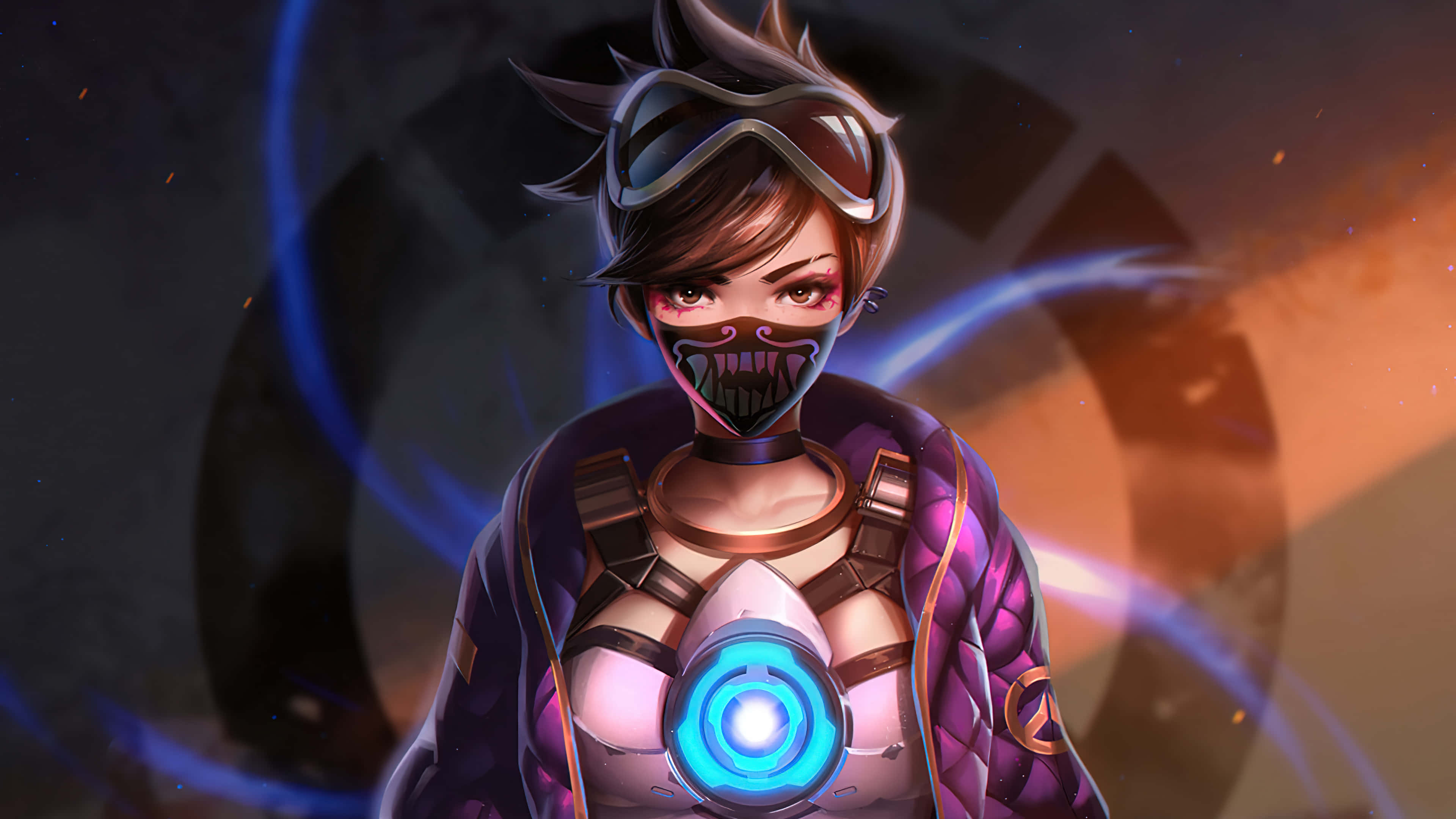 Overwatch Heroes, anime-style female warrior, glowing blue chest emblem, 4K Desktop Wallpaper
