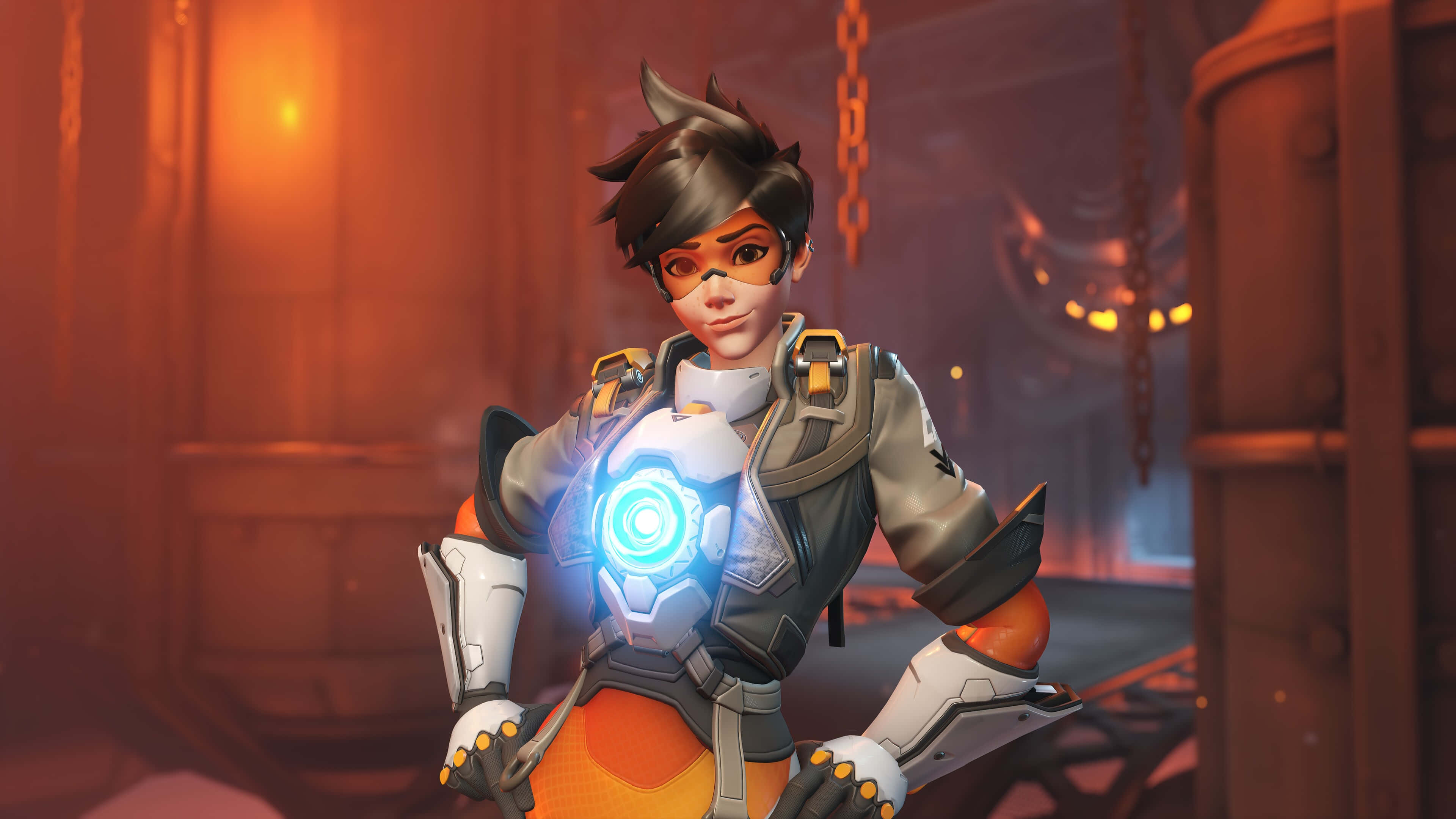 Overwatch Heroes, futuristic armor, glowing blue chest emblem, 4K Desktop Wallpaper