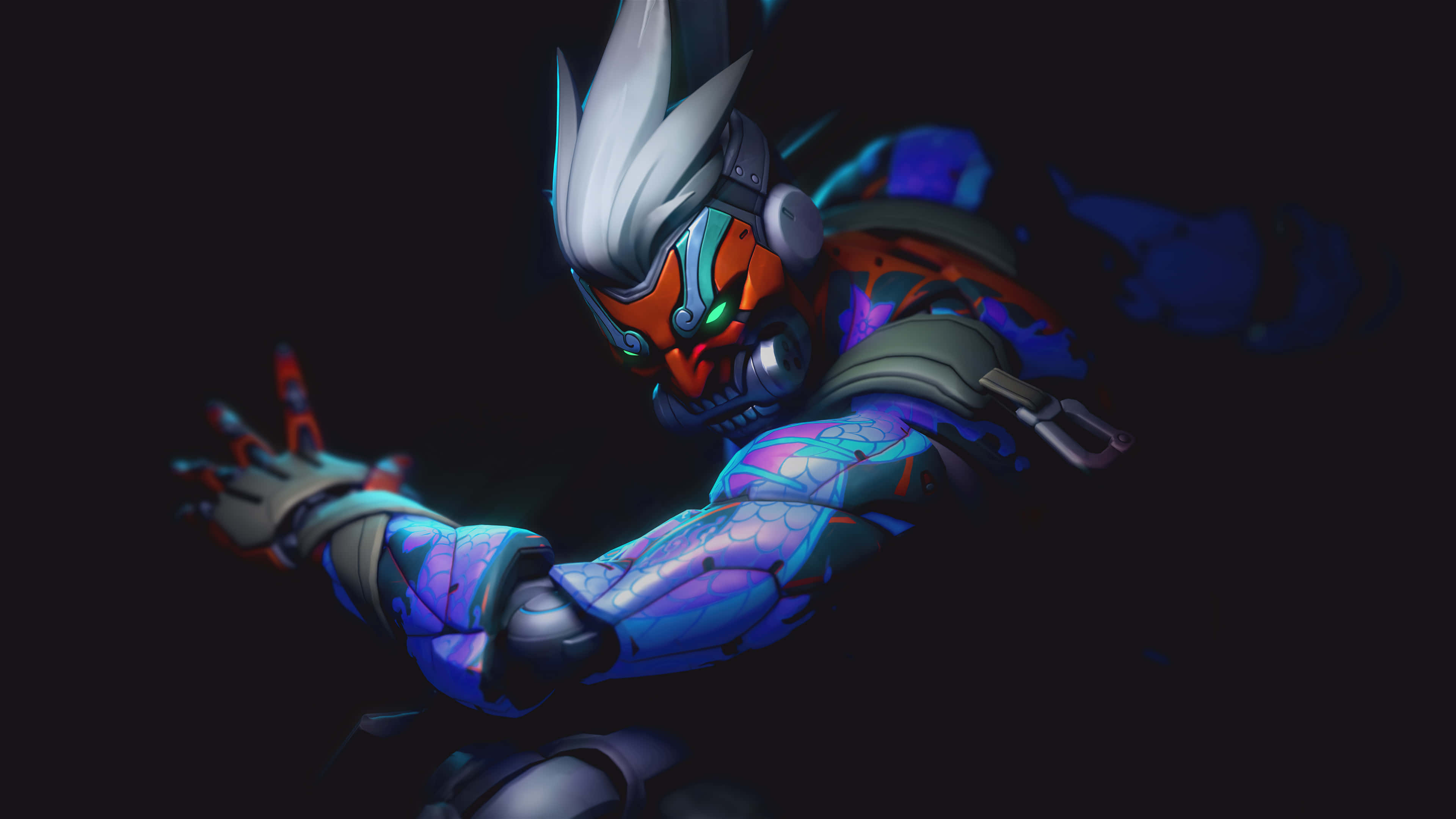 Overwatch Heroes, cyberpunk ninja, glowing blue armor, 4K Desktop Wallpaper