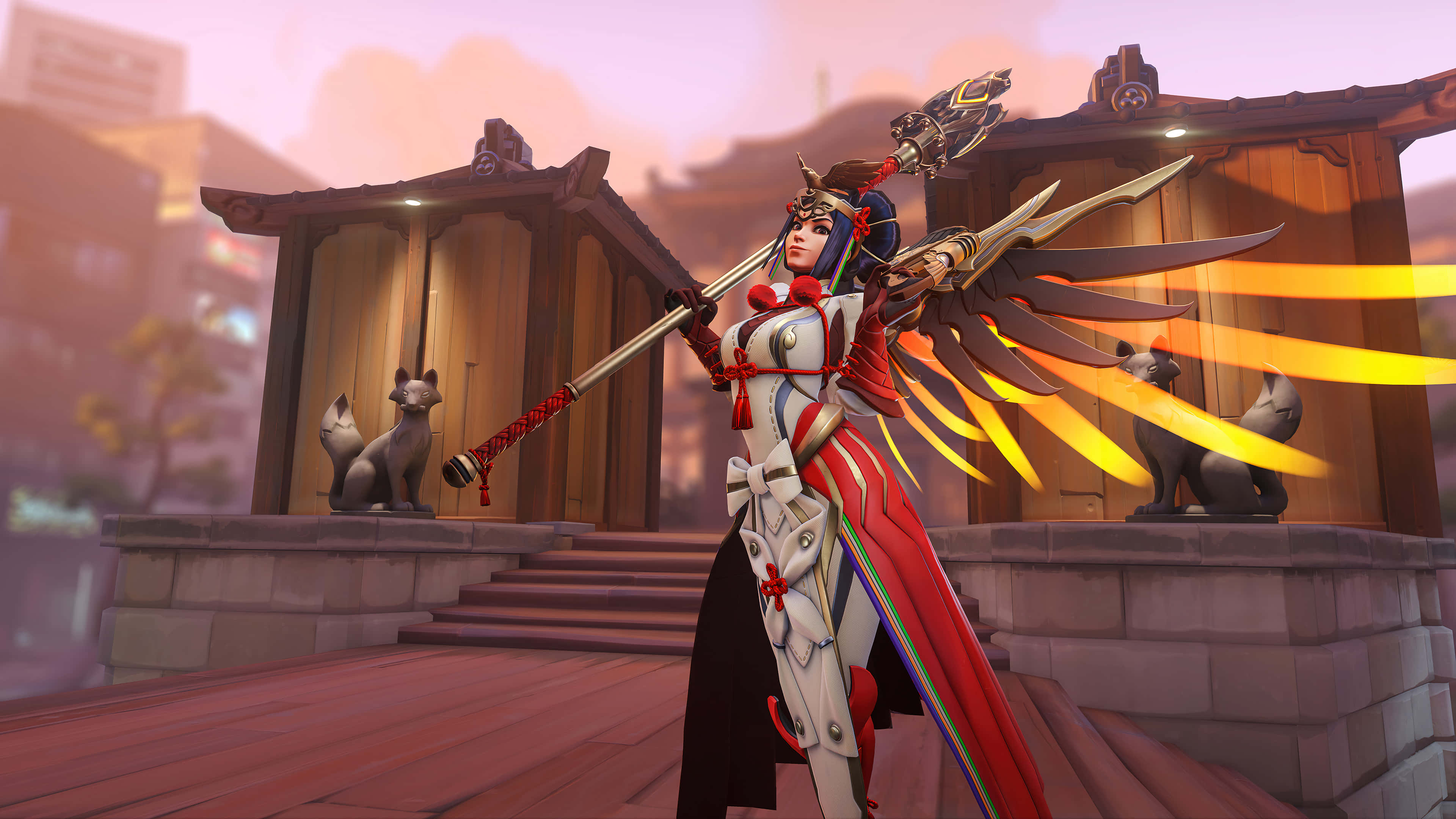 Overwatch Heroes, glowing wings, staff, 4K Desktop Wallpaper