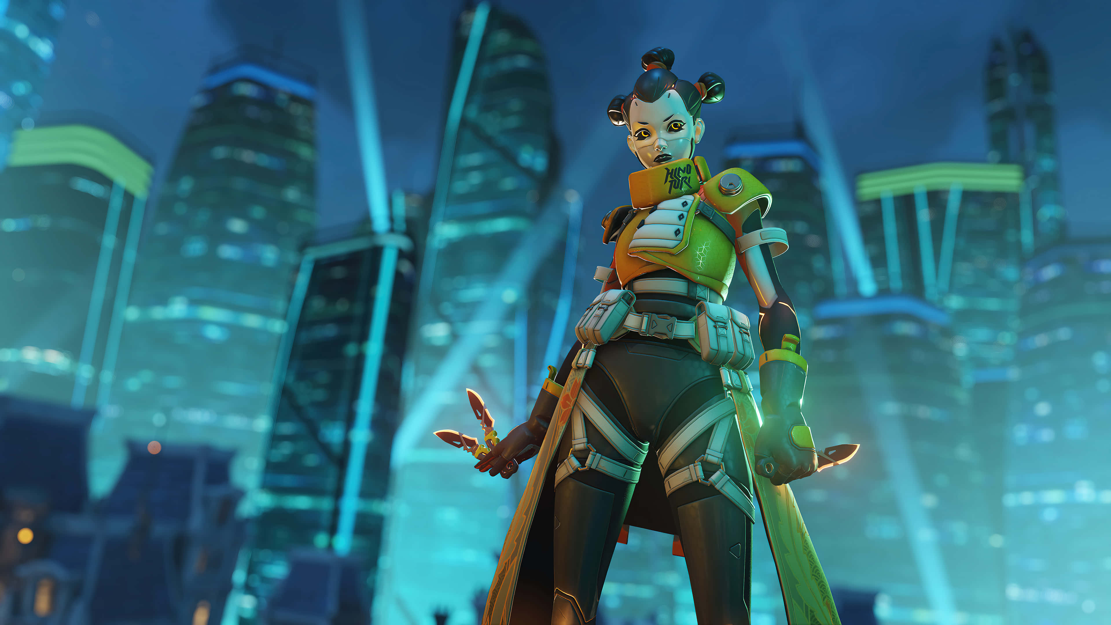 Overwatch Heroes, neon-lit cyberpunk cityscape, night, 4K Desktop Wallpaper