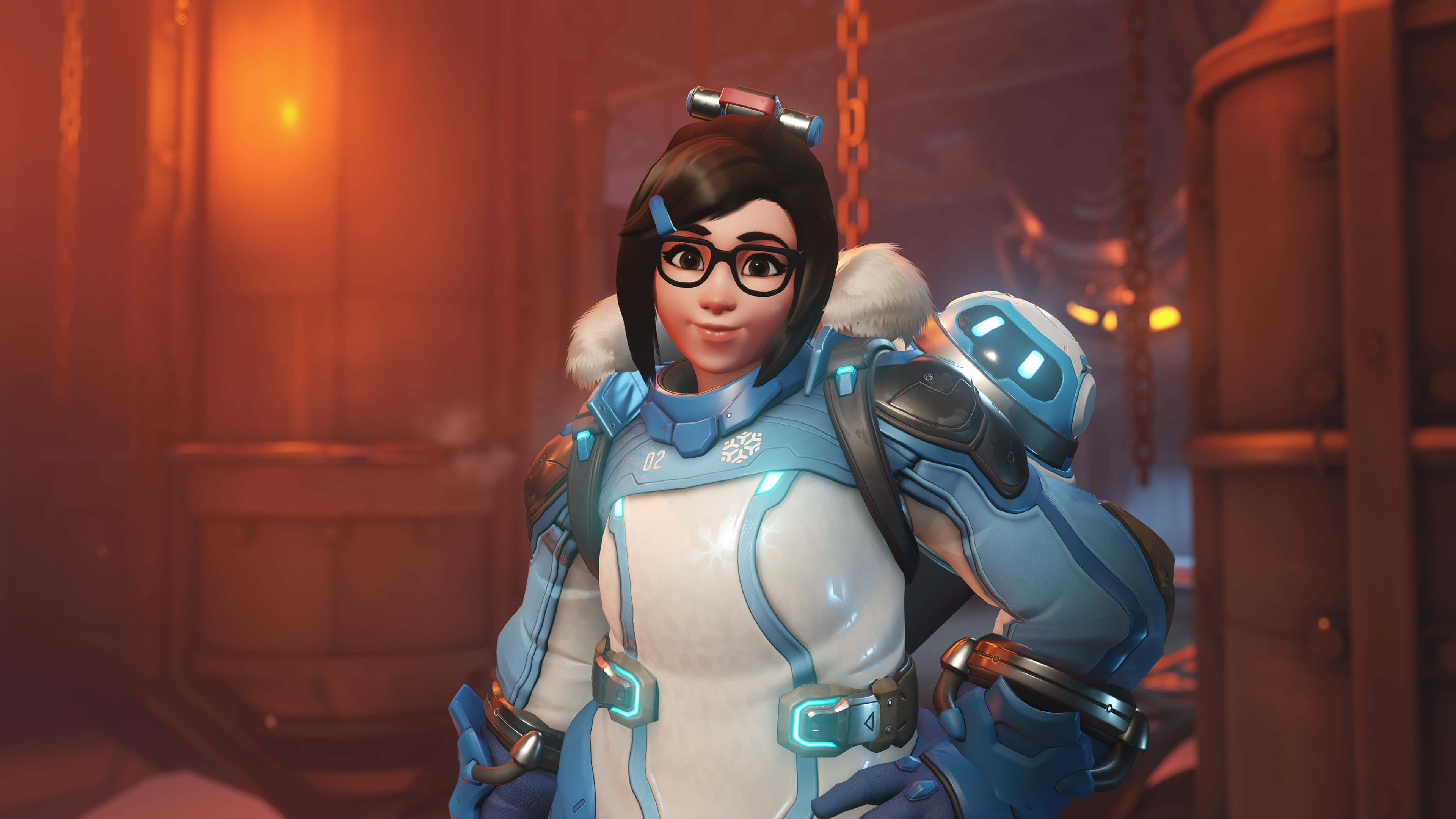 Overwatch Heroes, blue and white futuristic armor, warmly lit industrial setting, 4K Desktop Wallpaper