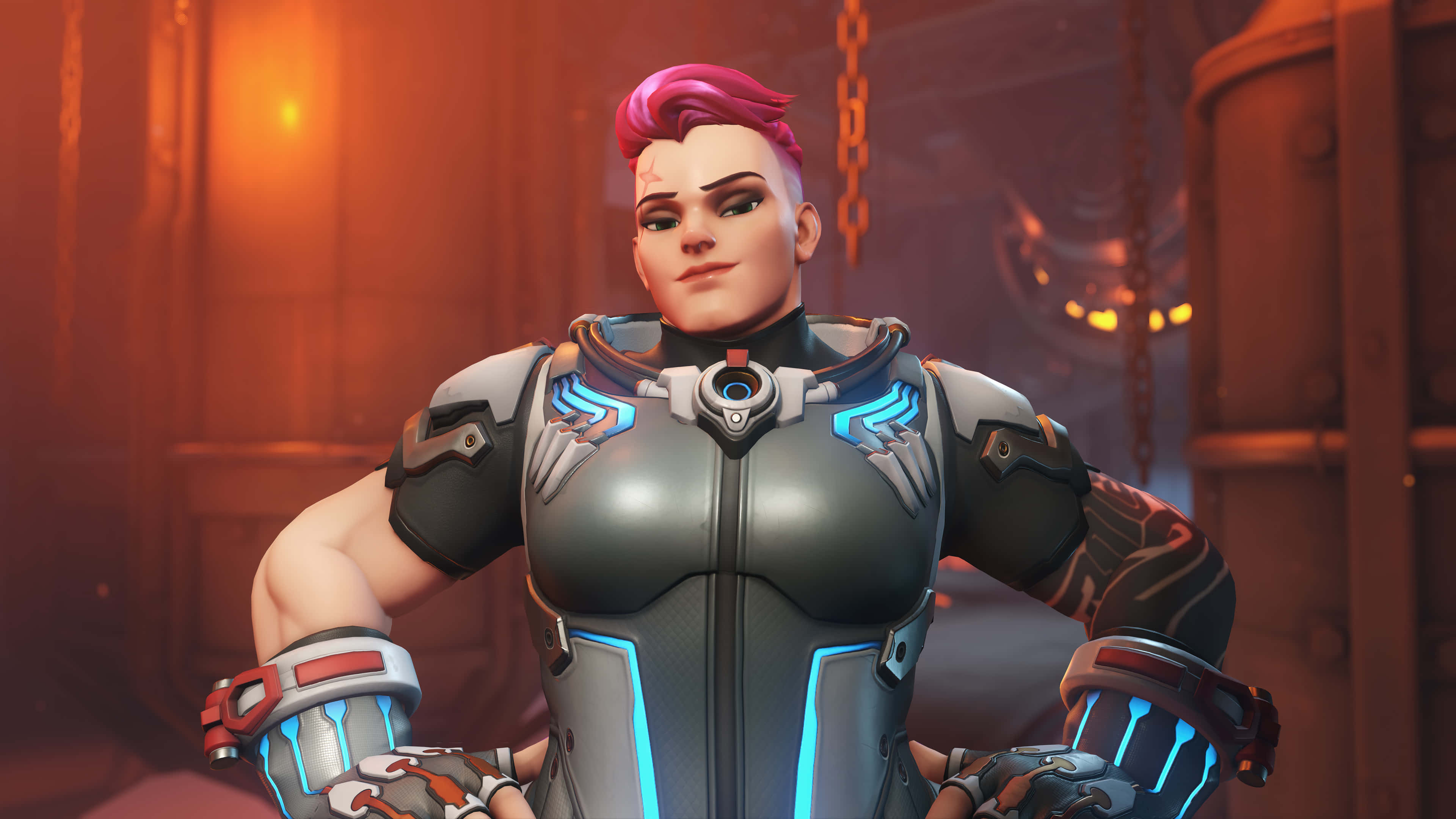 Overwatch Heroes, pink hair, glowing blue armor, 4K Desktop Wallpaper