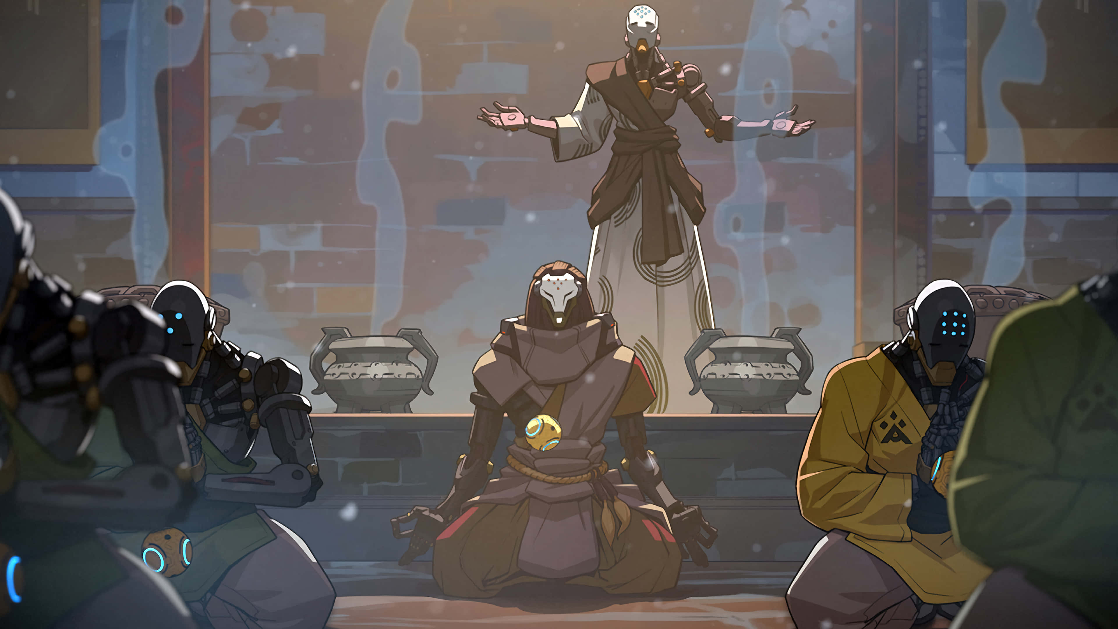 Overwatch Heroes, masked figure in robes, kneeling armored figures, 4K Desktop Wallpaper