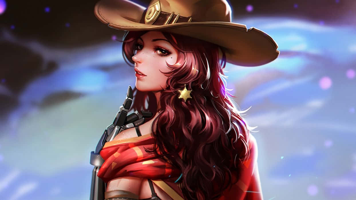 Overwatch Mccree, woman with long red hair, cowboy hat, SD Desktop Wallpaper