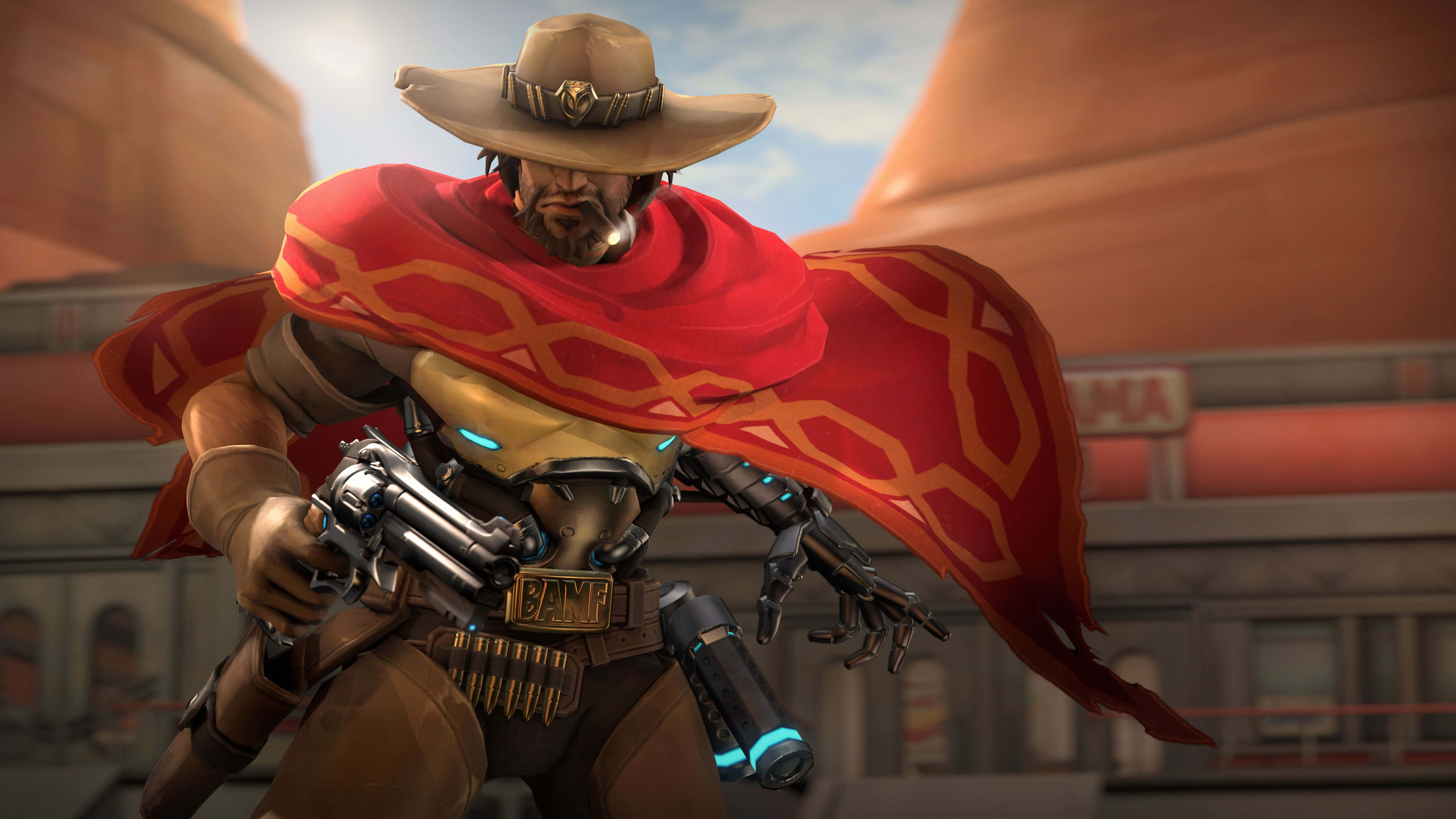 Overwatch Mccree, red cape, wide-brimmed hat, 5K Desktop Wallpaper