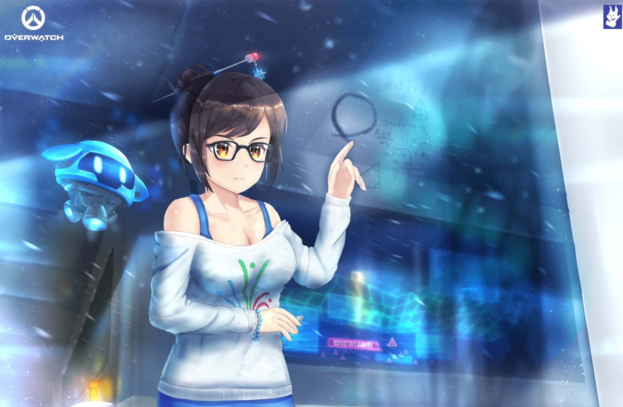Overwatch Mei, glowing blue holographic equations, small robot, Full HD Desktop Wallpaper