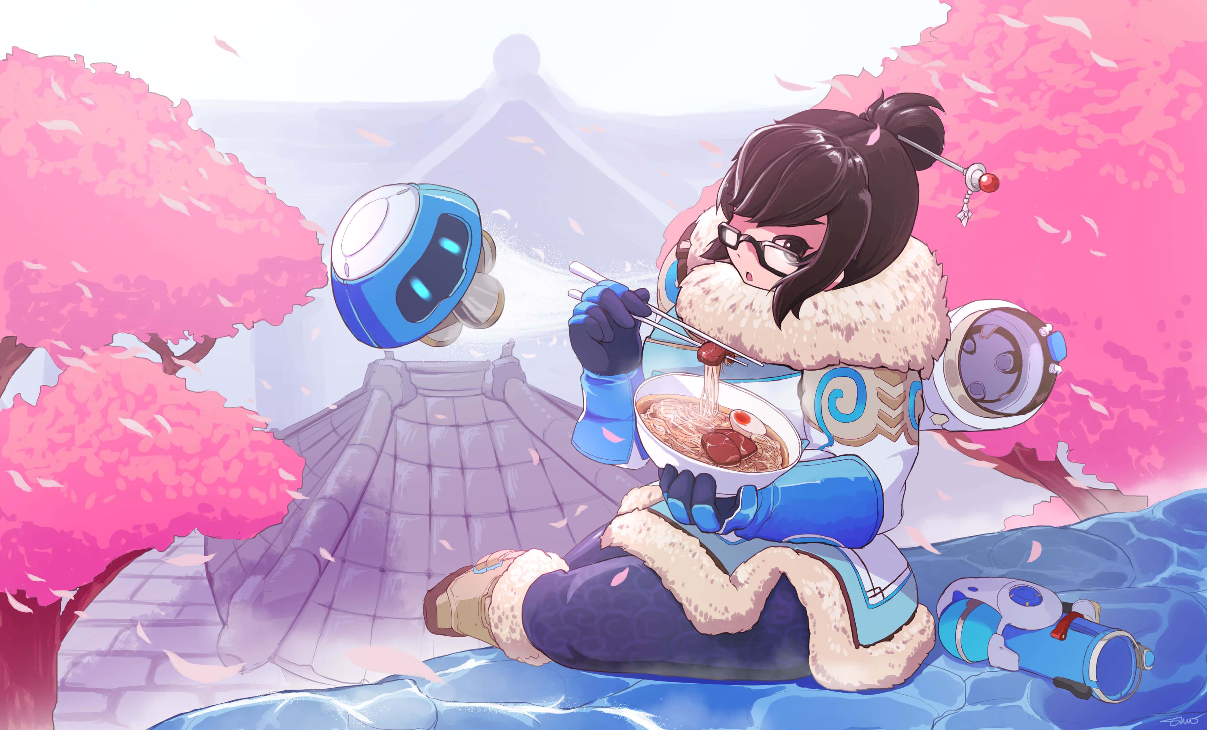 Overwatch Mei, fluffy winter outfit, ramen, 4K Desktop Wallpaper