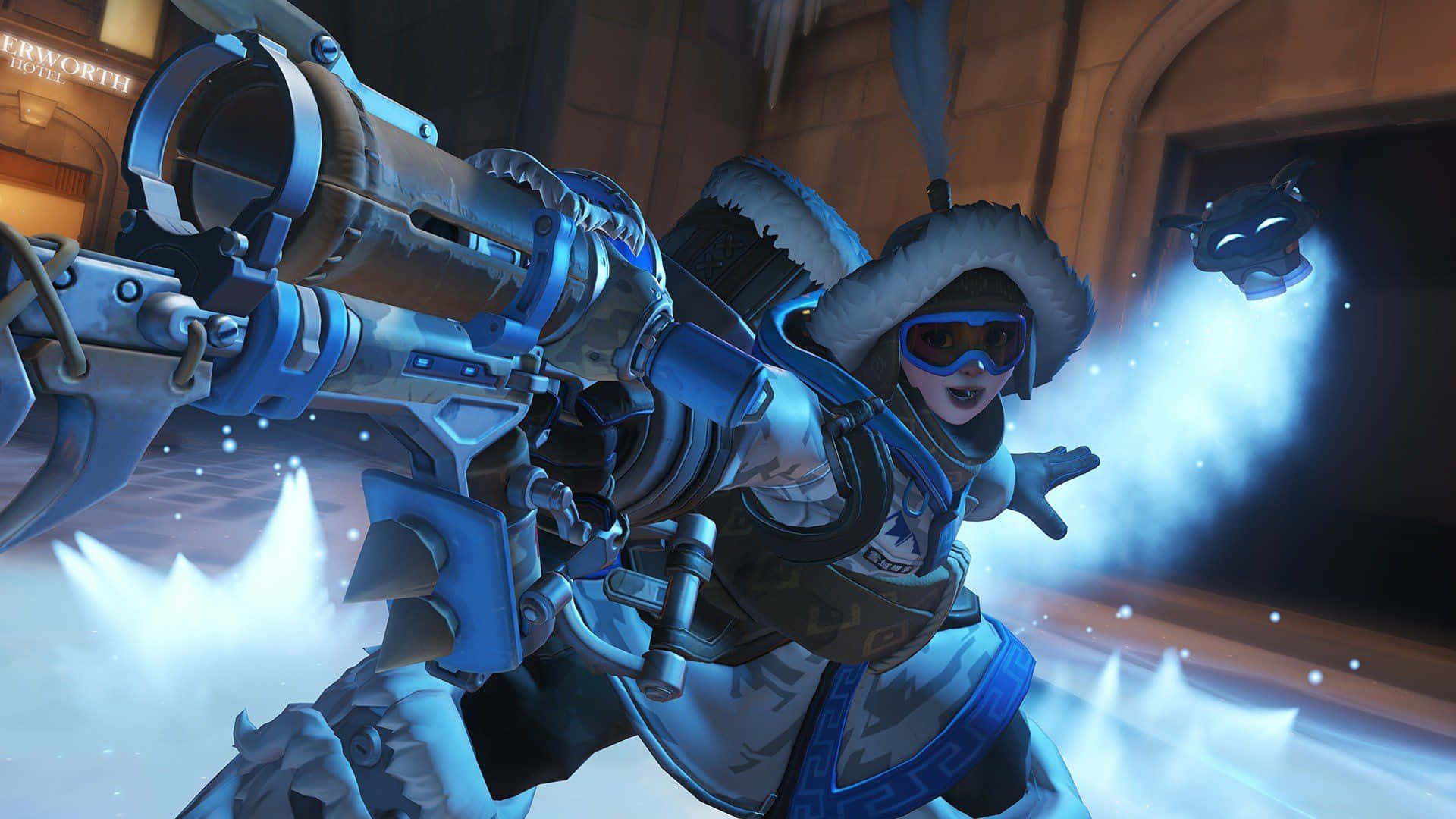 Overwatch Mei, blue weapon, frosty indoor arena, Full HD Desktop Wallpaper