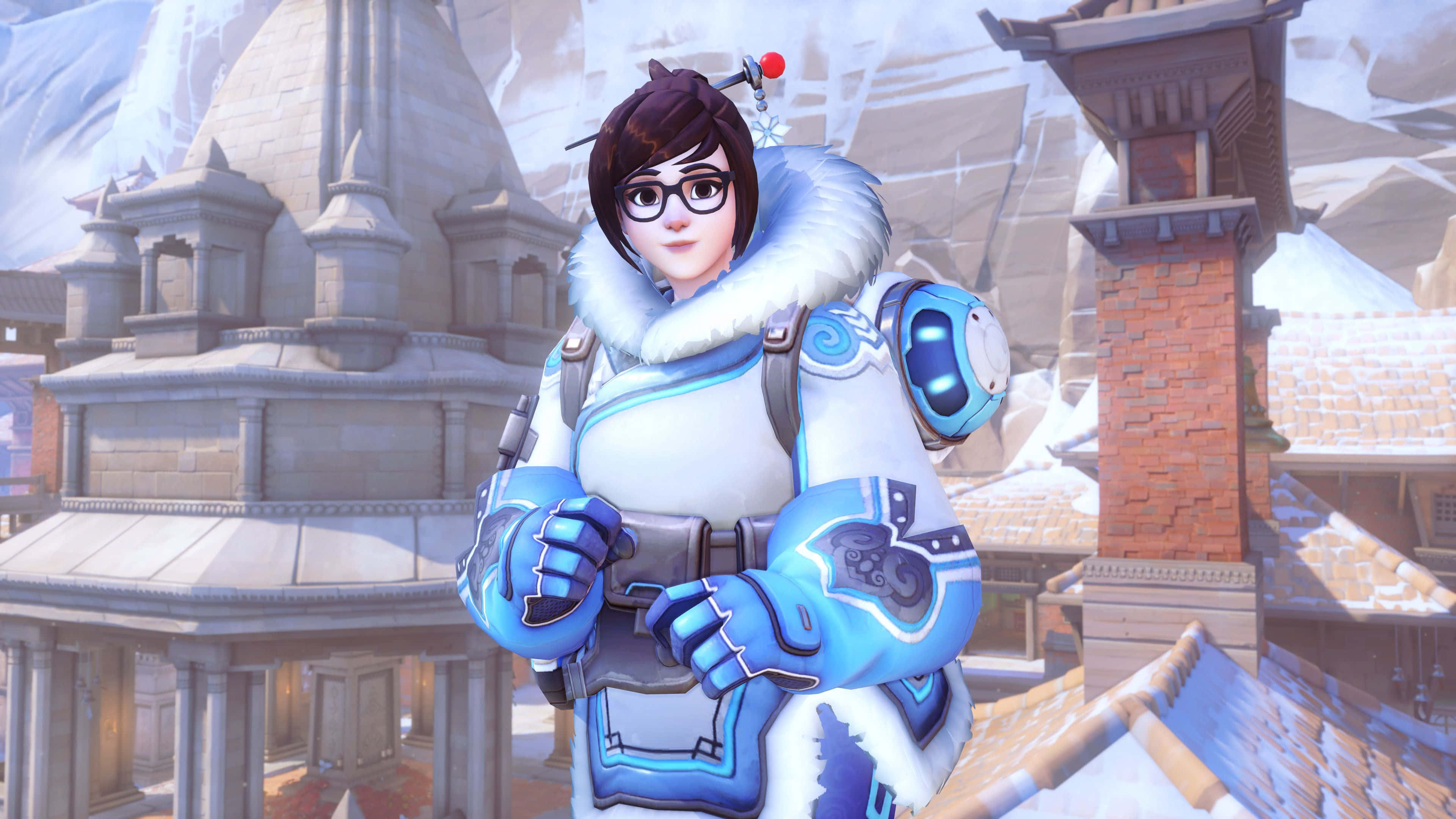 Overwatch Mei, blue and white winter gear, snowy village, 4K Desktop Wallpaper