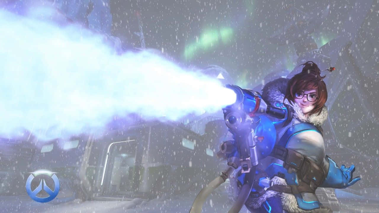 Overwatch Mei, glowing blue weapon, falling snow, HD Desktop Wallpaper