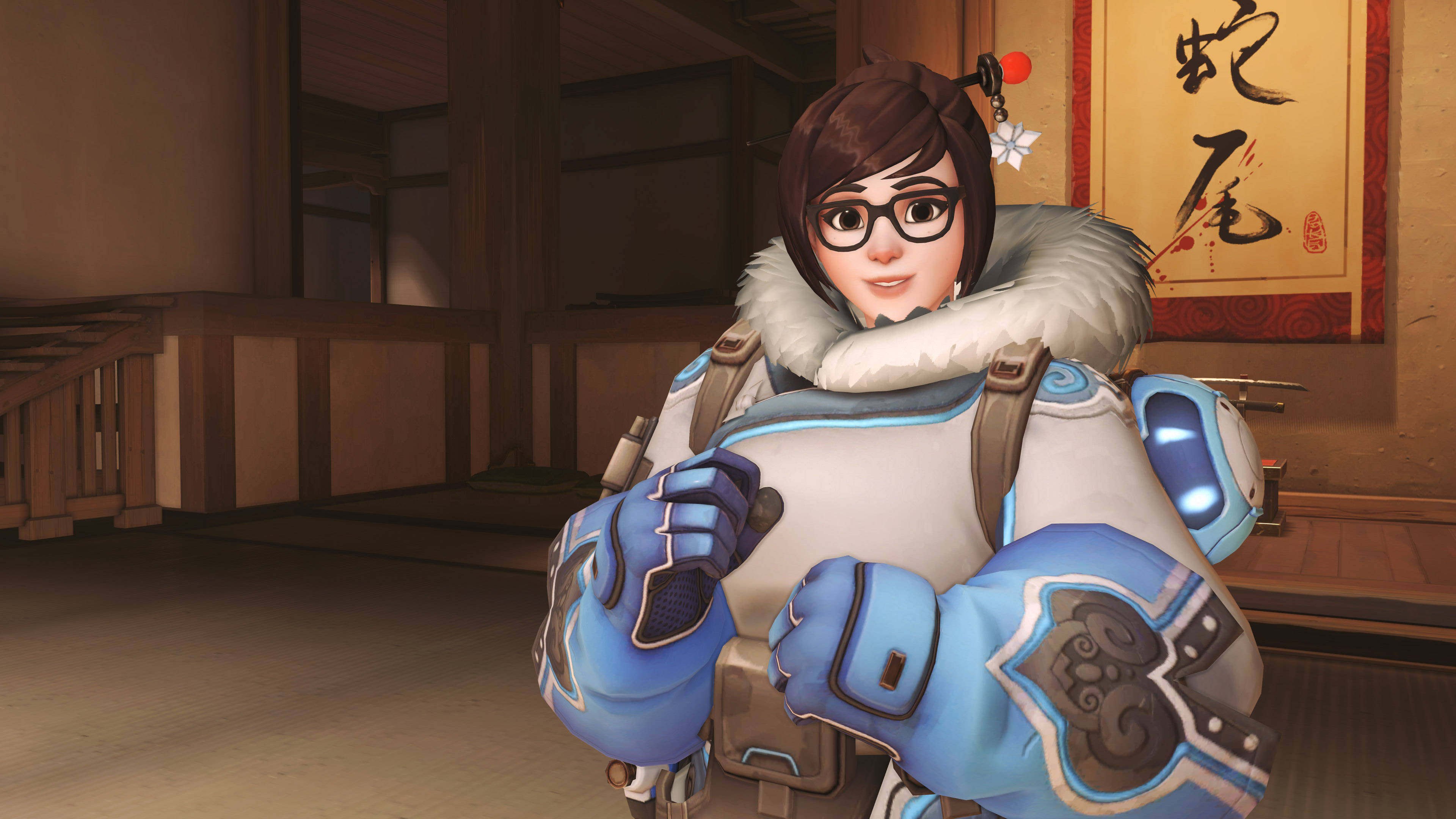 Overwatch Mei, blue and white armor, traditional wooden Japanese room, 4K Desktop Wallpaper