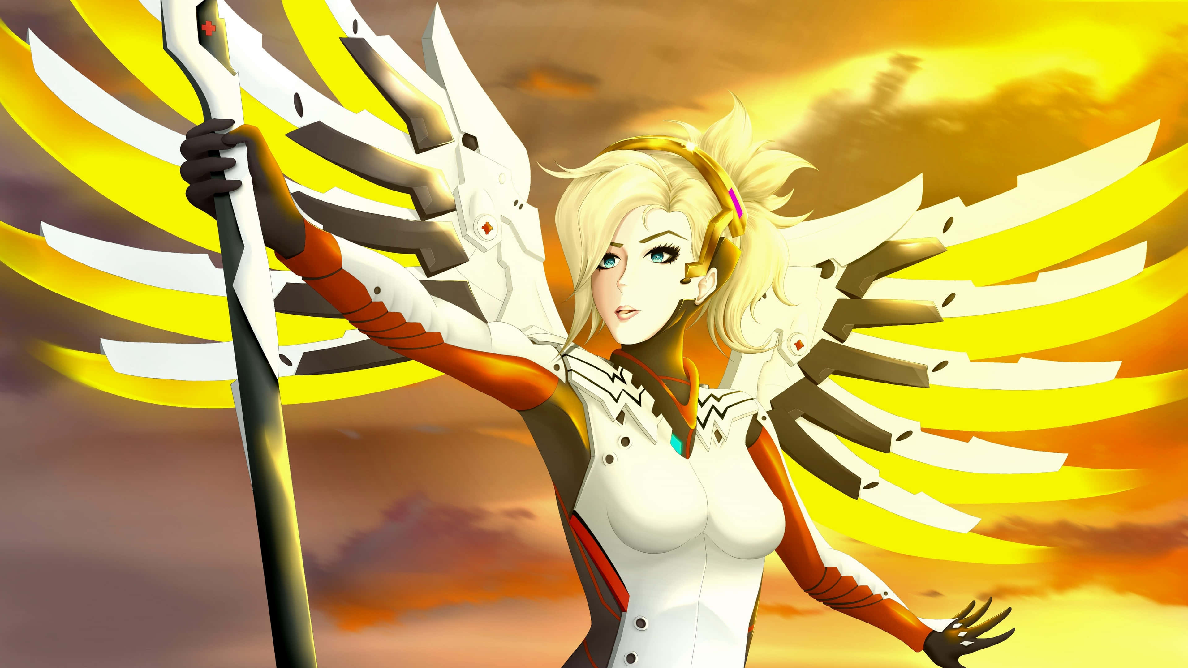 Overwatch Mercy, blonde anime angel, mechanical wings, 4K Desktop Wallpaper
