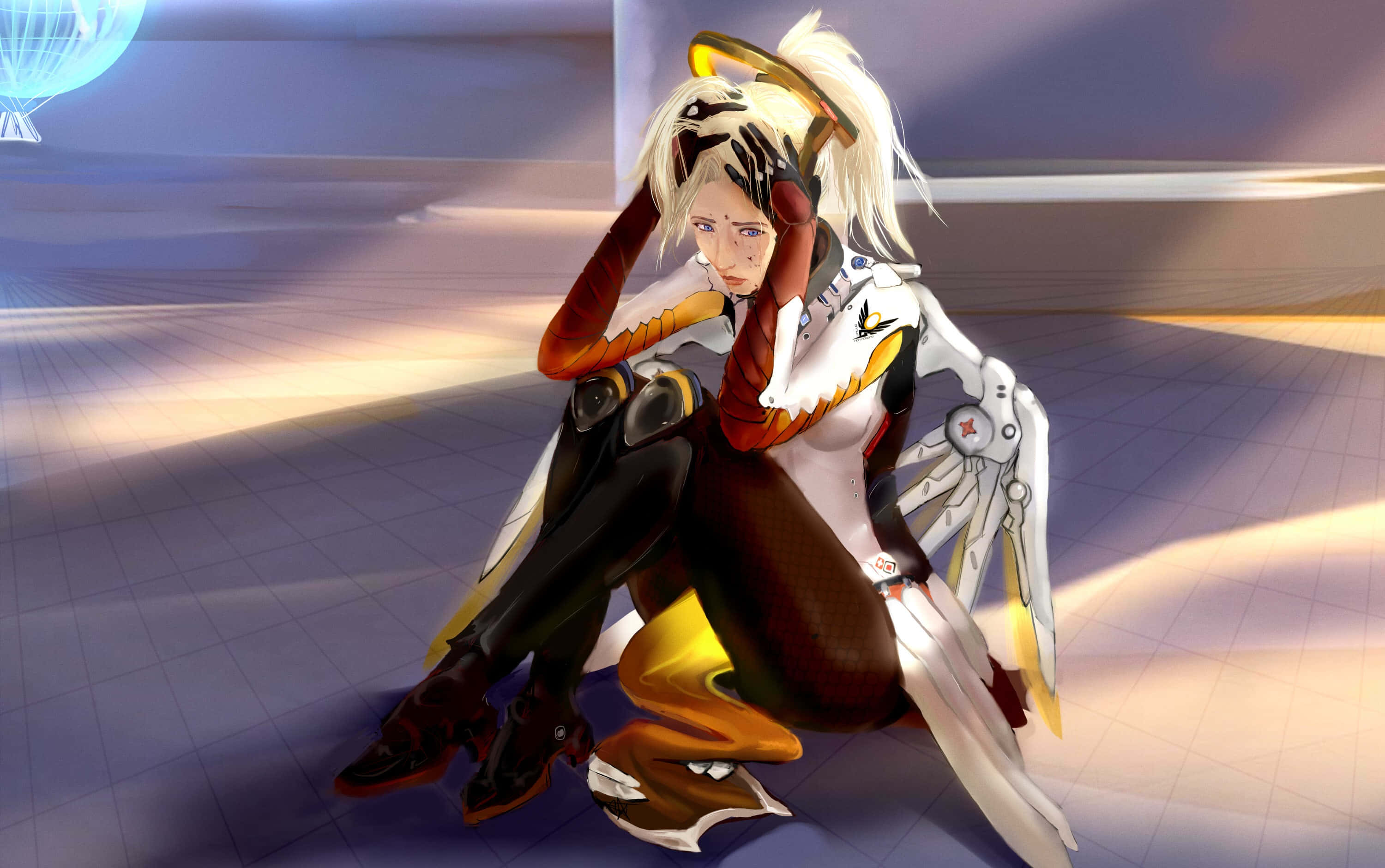 Overwatch Mercy, mechanical wings, white-haired anime character, 2K Desktop Wallpaper