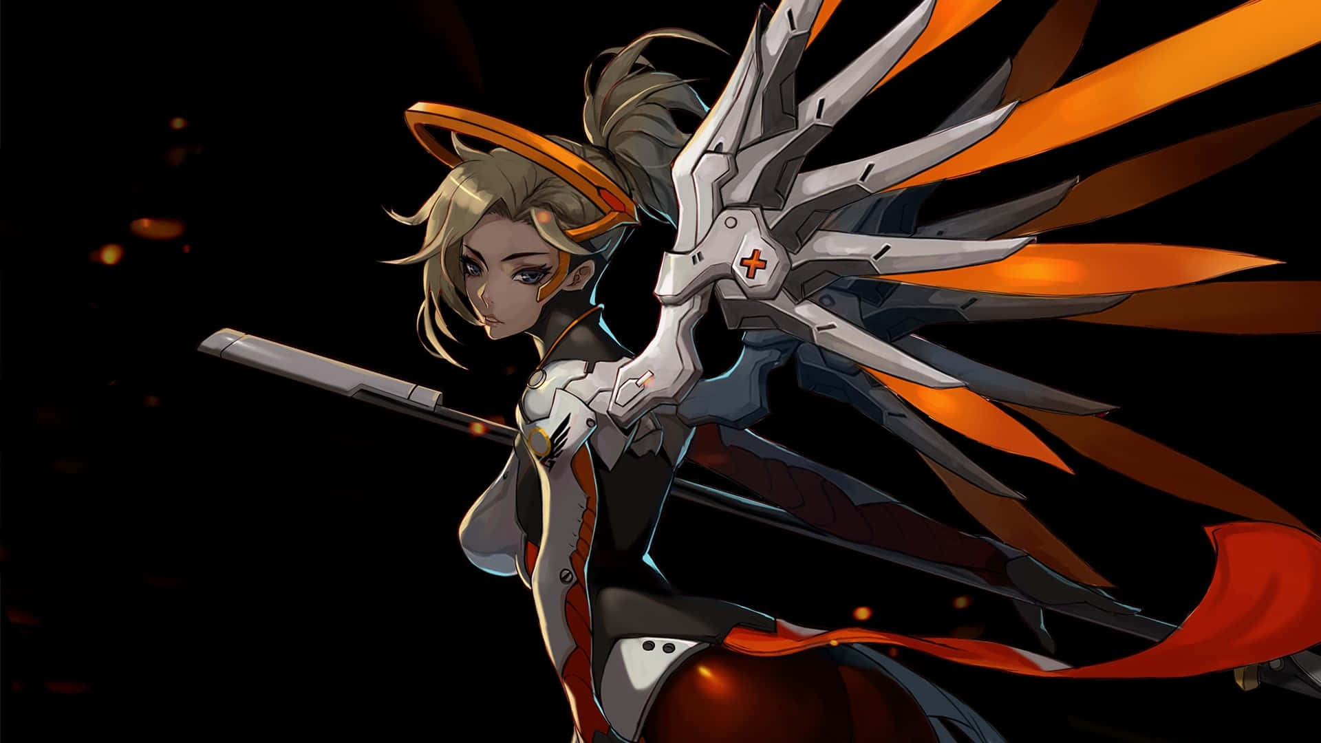 Overwatch Mercy, mechanical wings, orange halo, Full HD Desktop Wallpaper