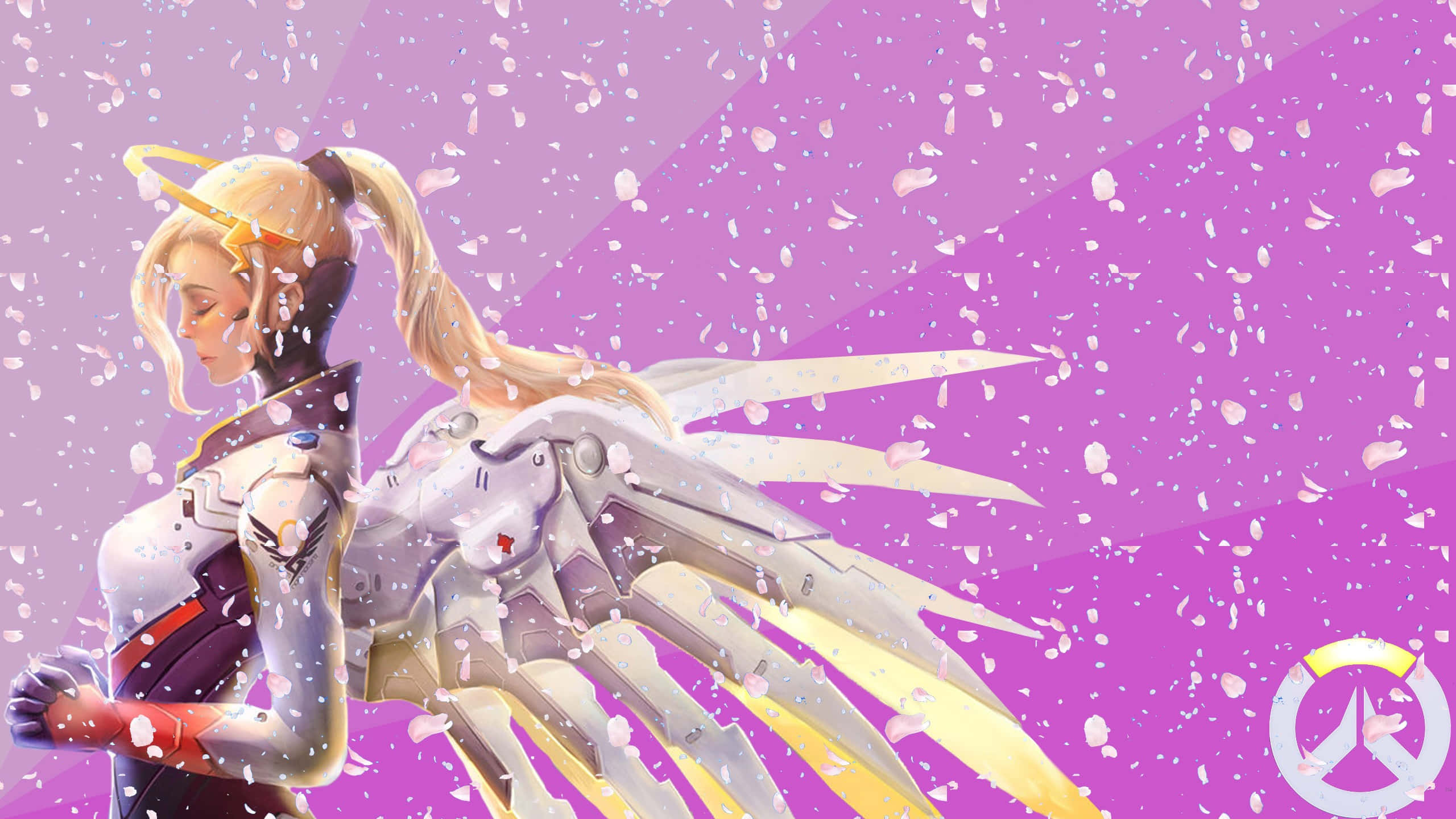 Overwatch Mercy, mechanical wings, falling petals, 2K Desktop Wallpaper