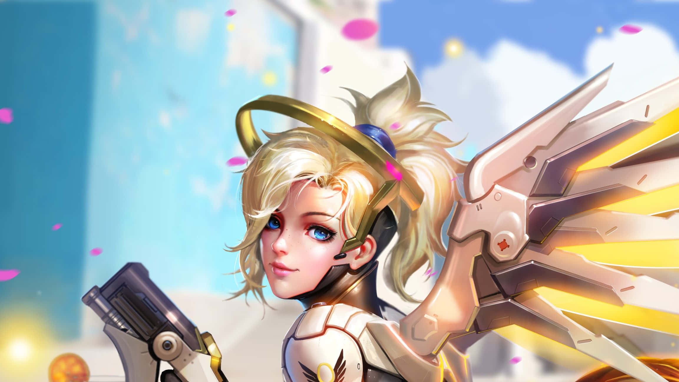 Overwatch Mercy, anime angel warrior, mechanical wings, Full HD Desktop Wallpaper