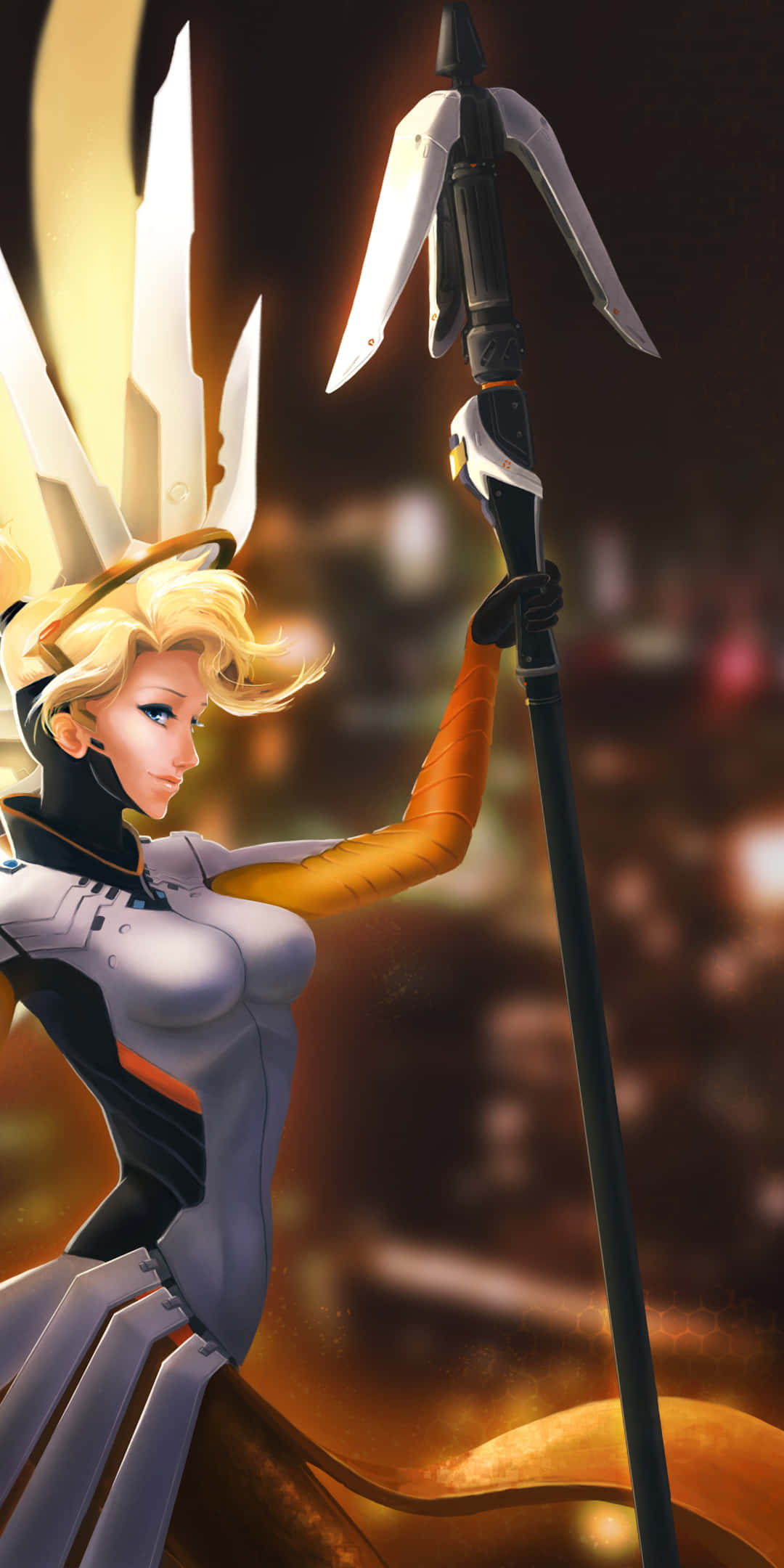 Overwatch Mercy, blonde anime warrior, white and orange armor, Full HD Phone Wallpaper