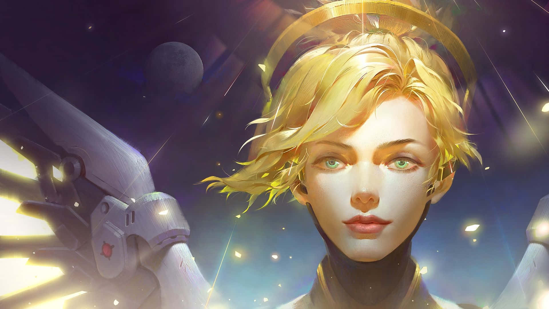Overwatch Mercy, blonde angel, glowing green eyes, Full HD Desktop Wallpaper