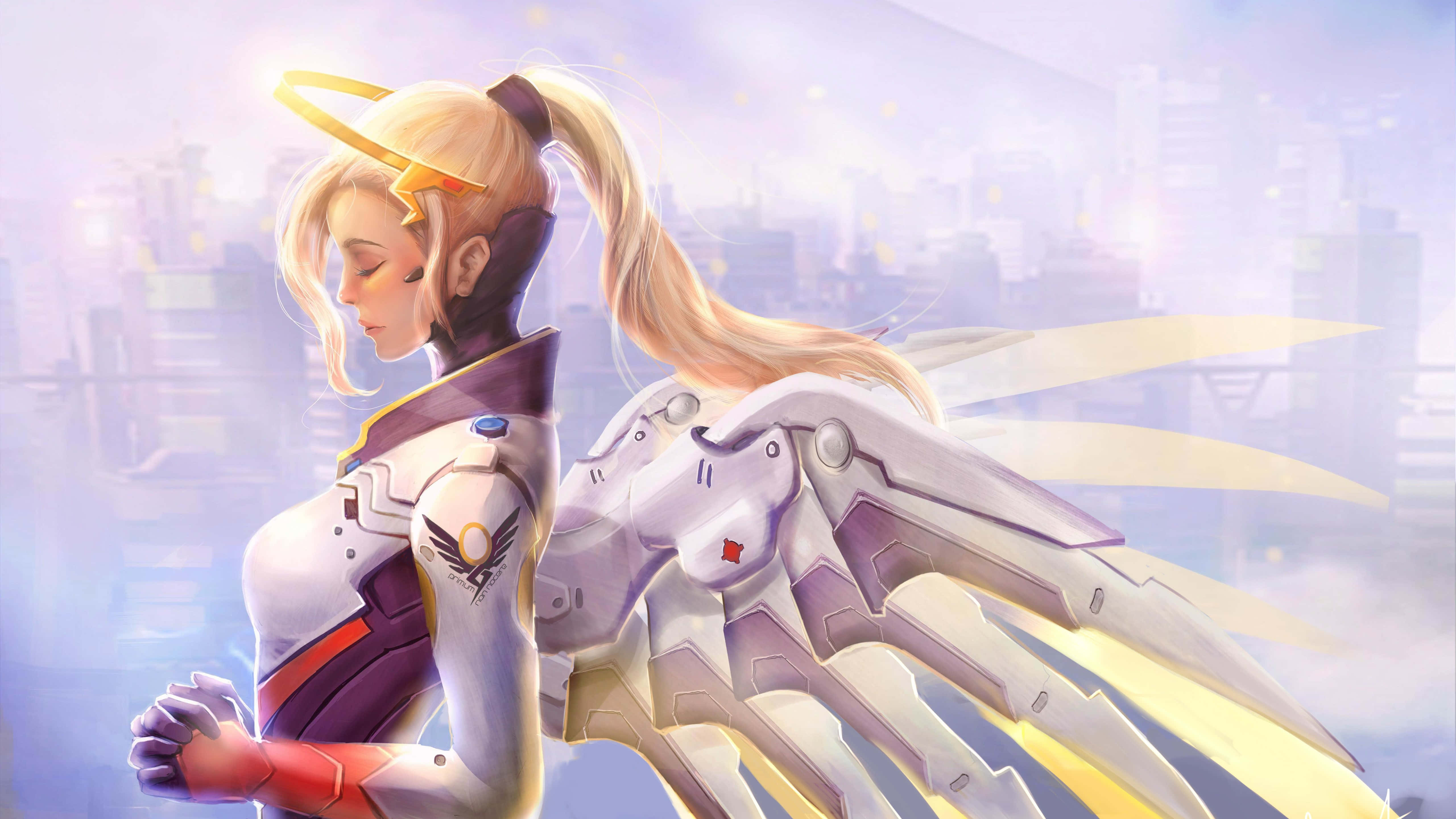 Overwatch Mercy, blonde anime angel, mechanical wings, 5K Desktop Wallpaper