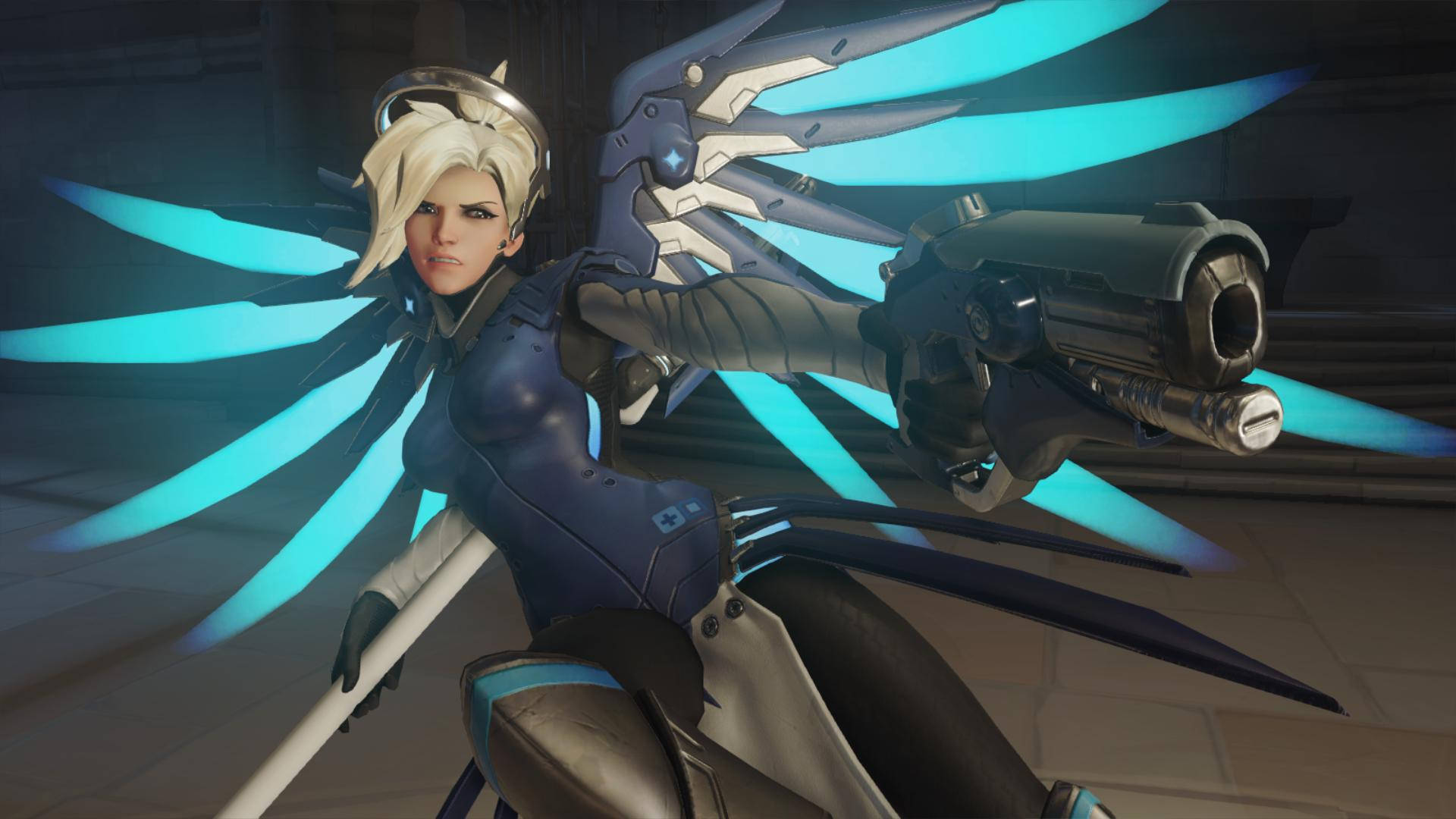 Mercy, caduceus blaster, glowing blue wings, Full HD Desktop Wallpaper